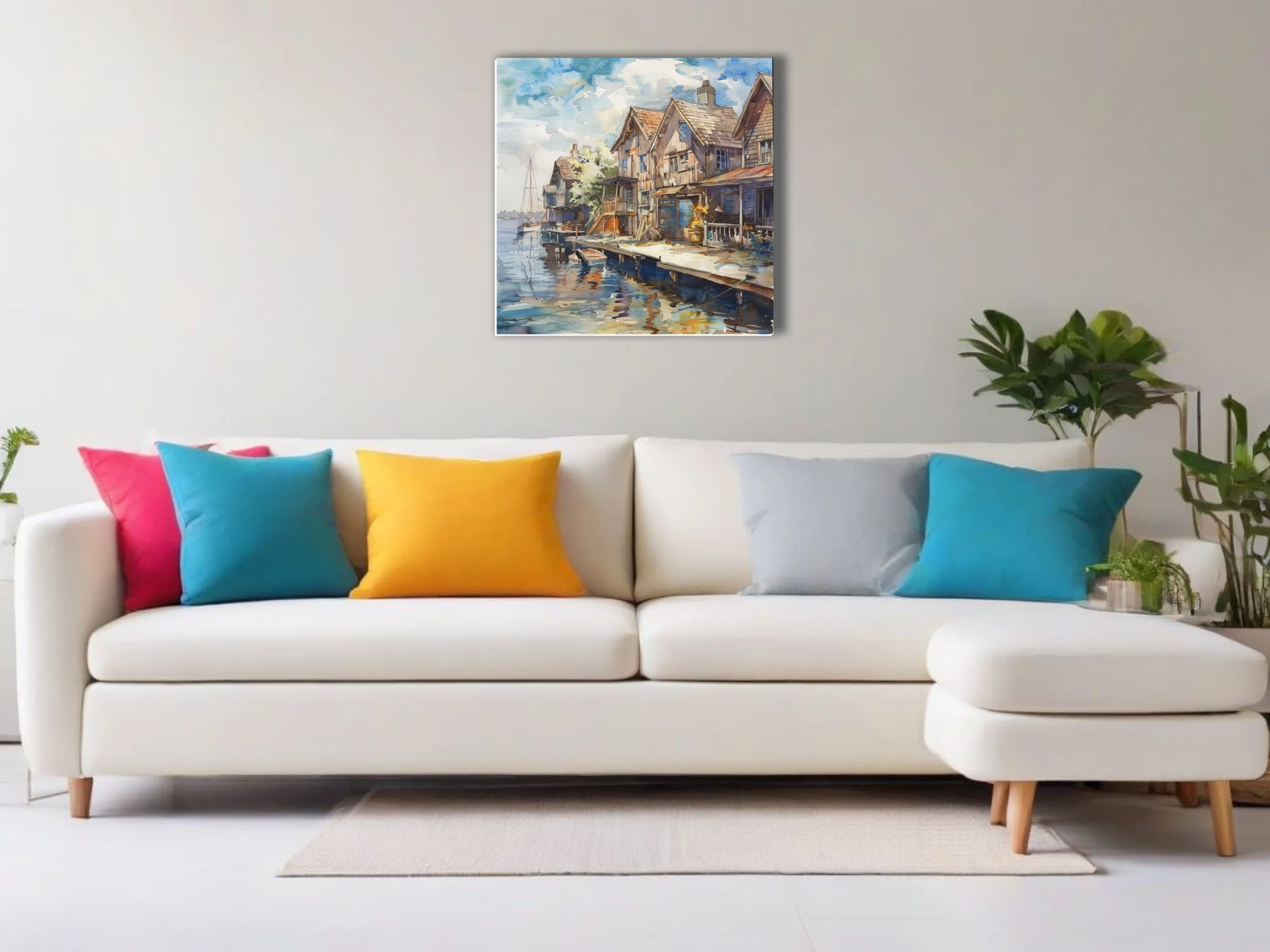 Watercolor-style seaside village with weathered dockside buildings and reflective blue water