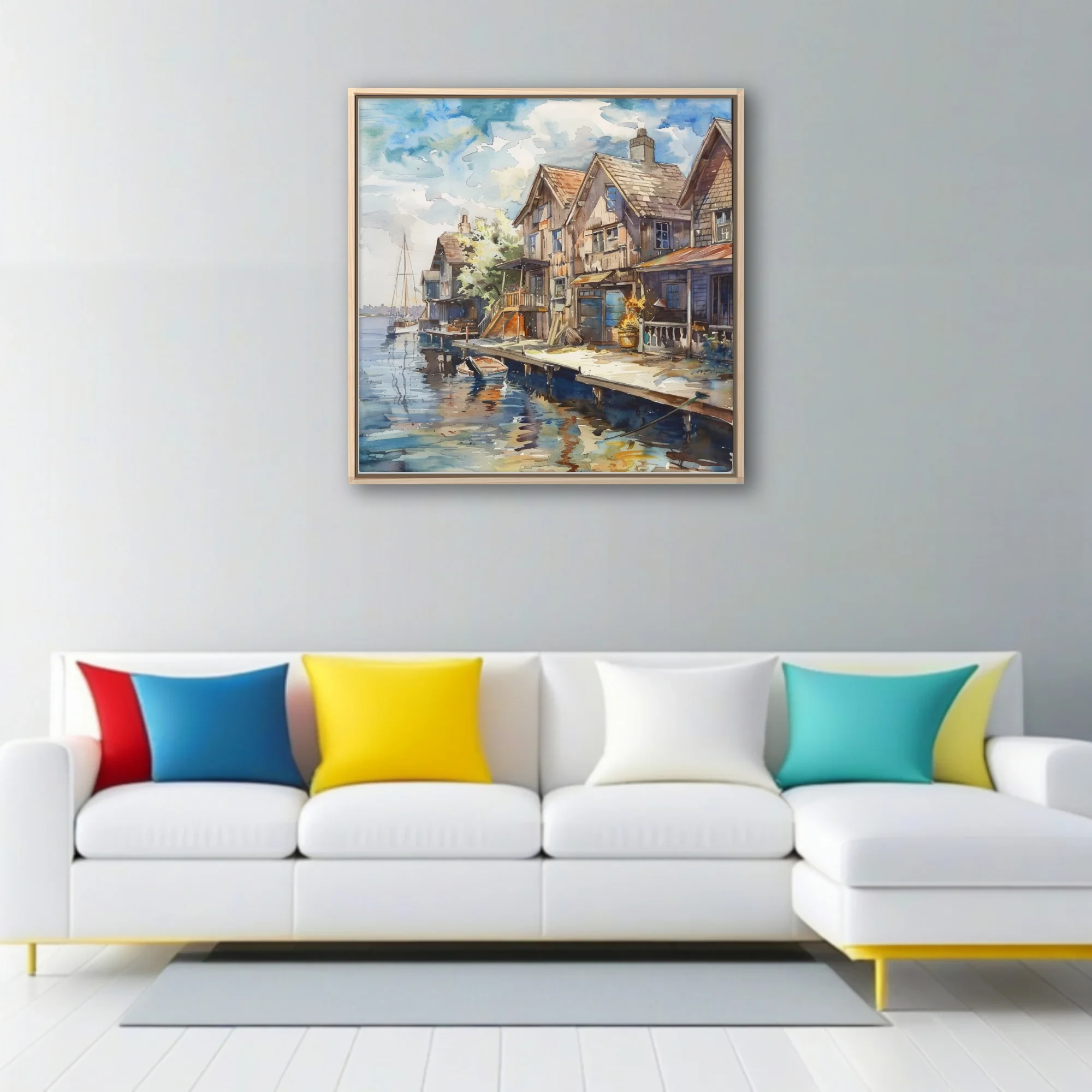 Watercolor-style seaside village with weathered dockside buildings and reflective blue water