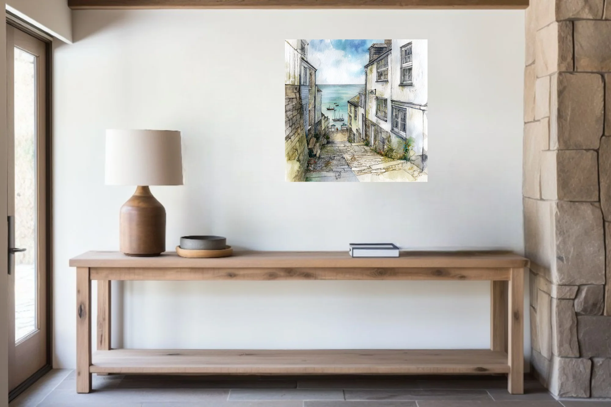 Watercolor-style cobbled lane leading to a tranquil harbour, coastal village, soft blues