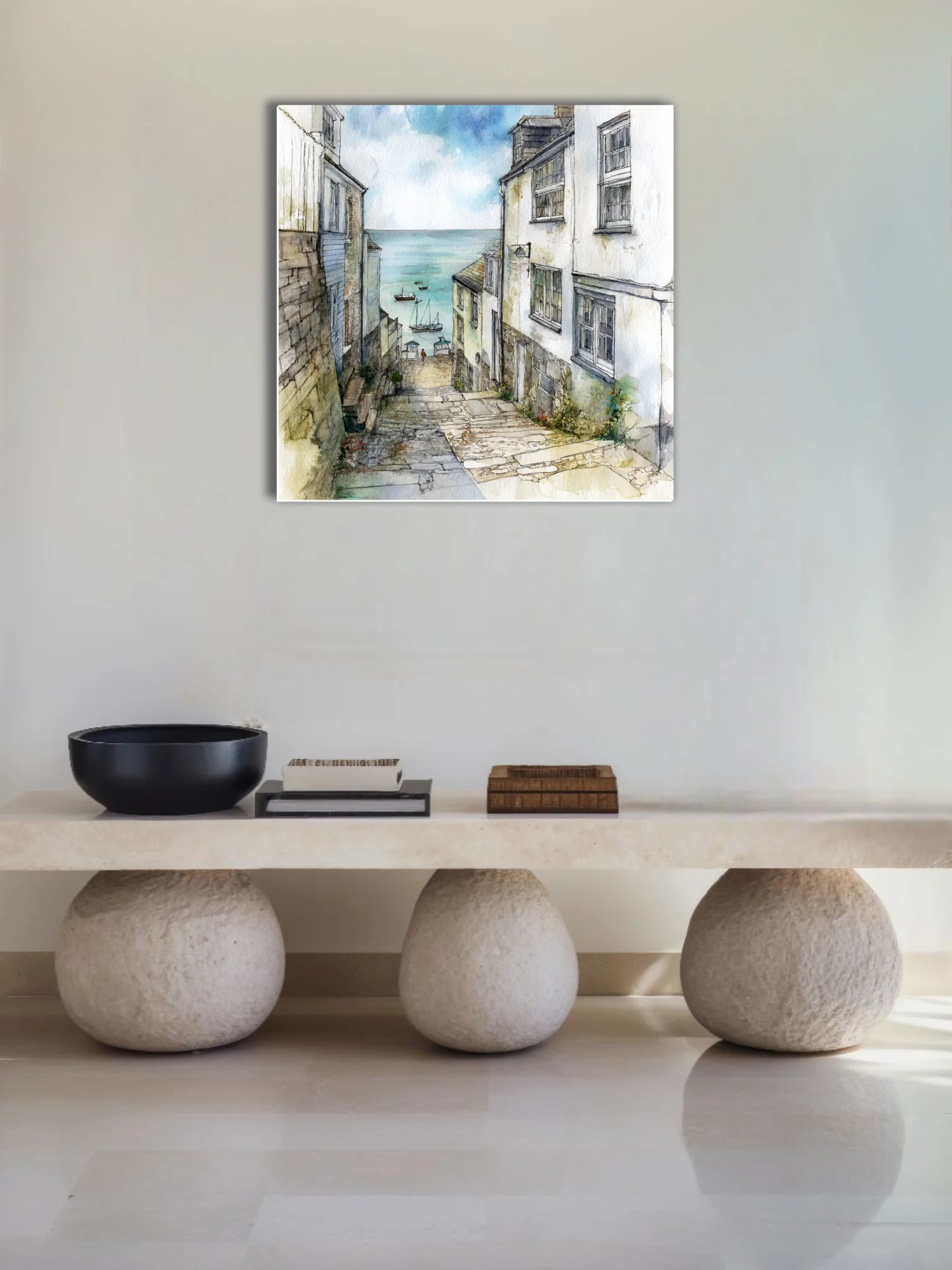 Watercolor-style cobbled lane leading to a tranquil harbour, coastal village, soft blues