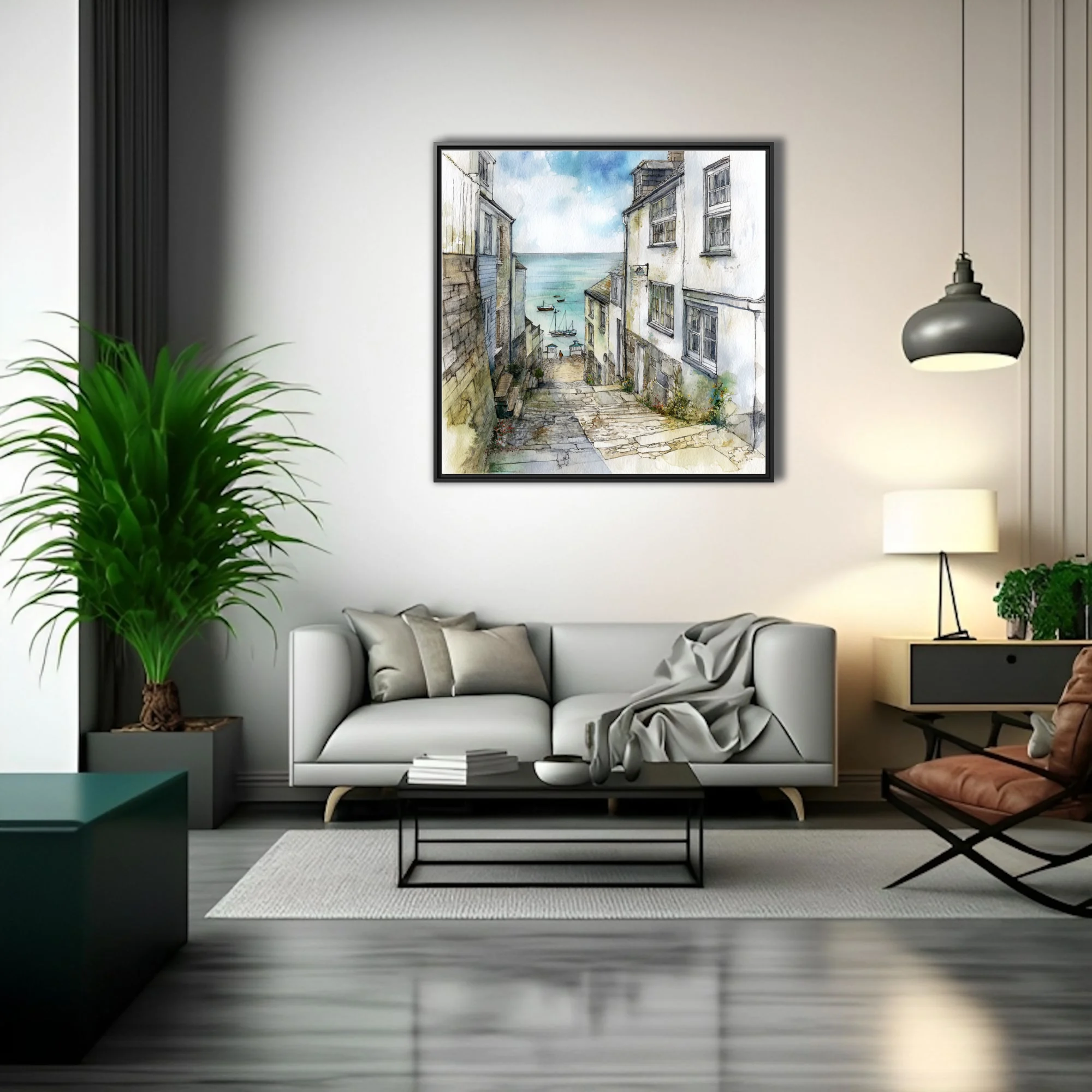 Watercolor-style cobbled lane leading to a tranquil harbour, coastal village, soft blues