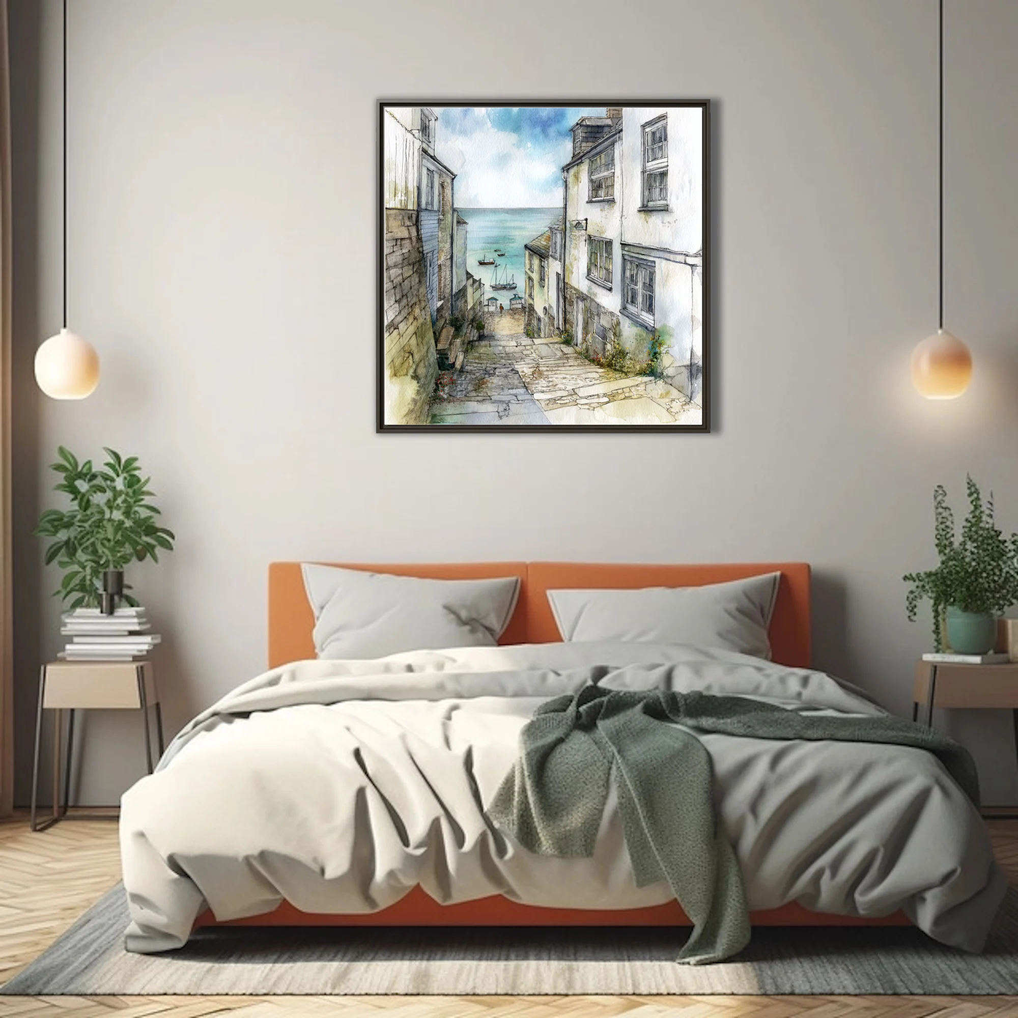 Watercolor-style cobbled lane leading to a tranquil harbour, coastal village, soft blues