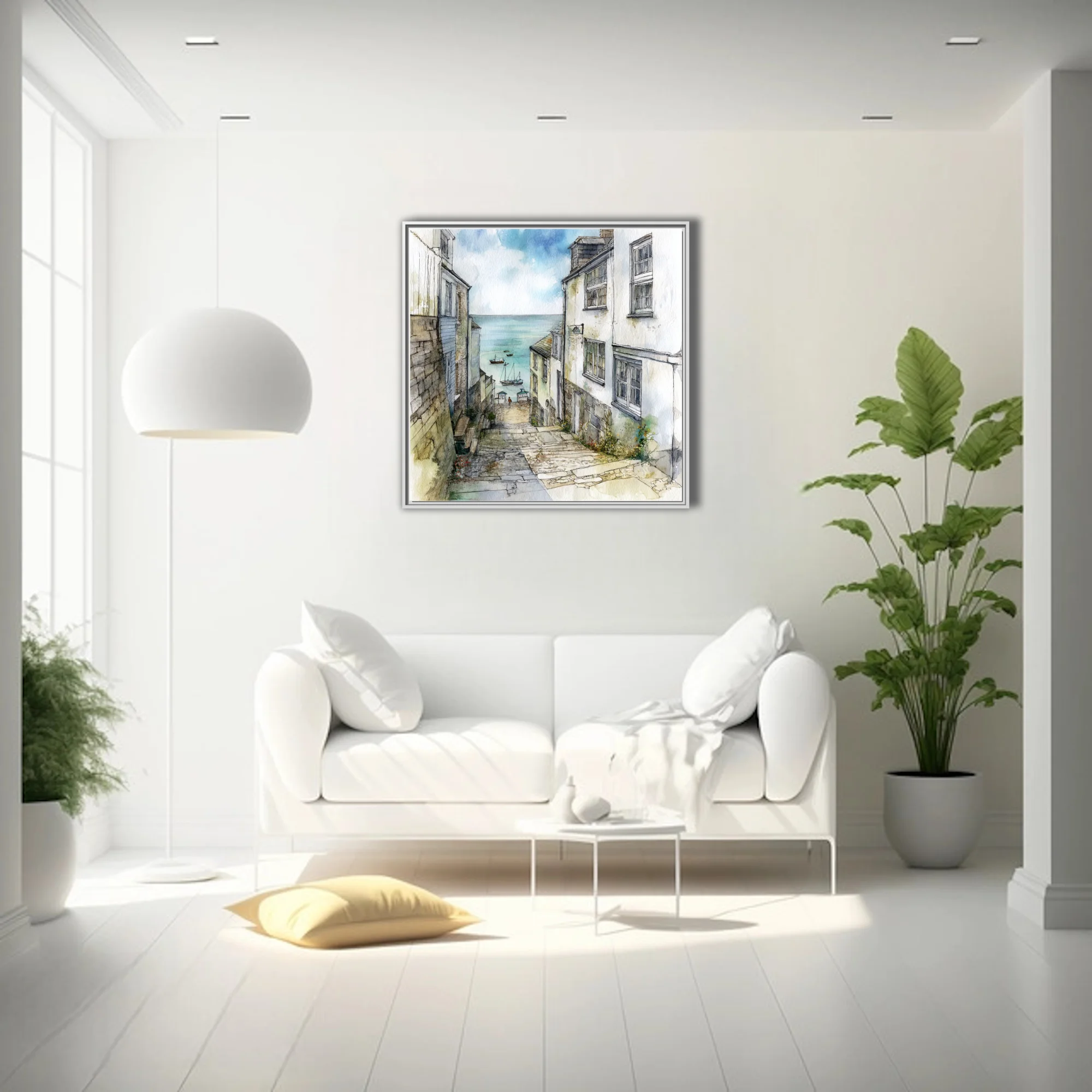 Watercolor-style cobbled lane leading to a tranquil harbour, coastal village, soft blues