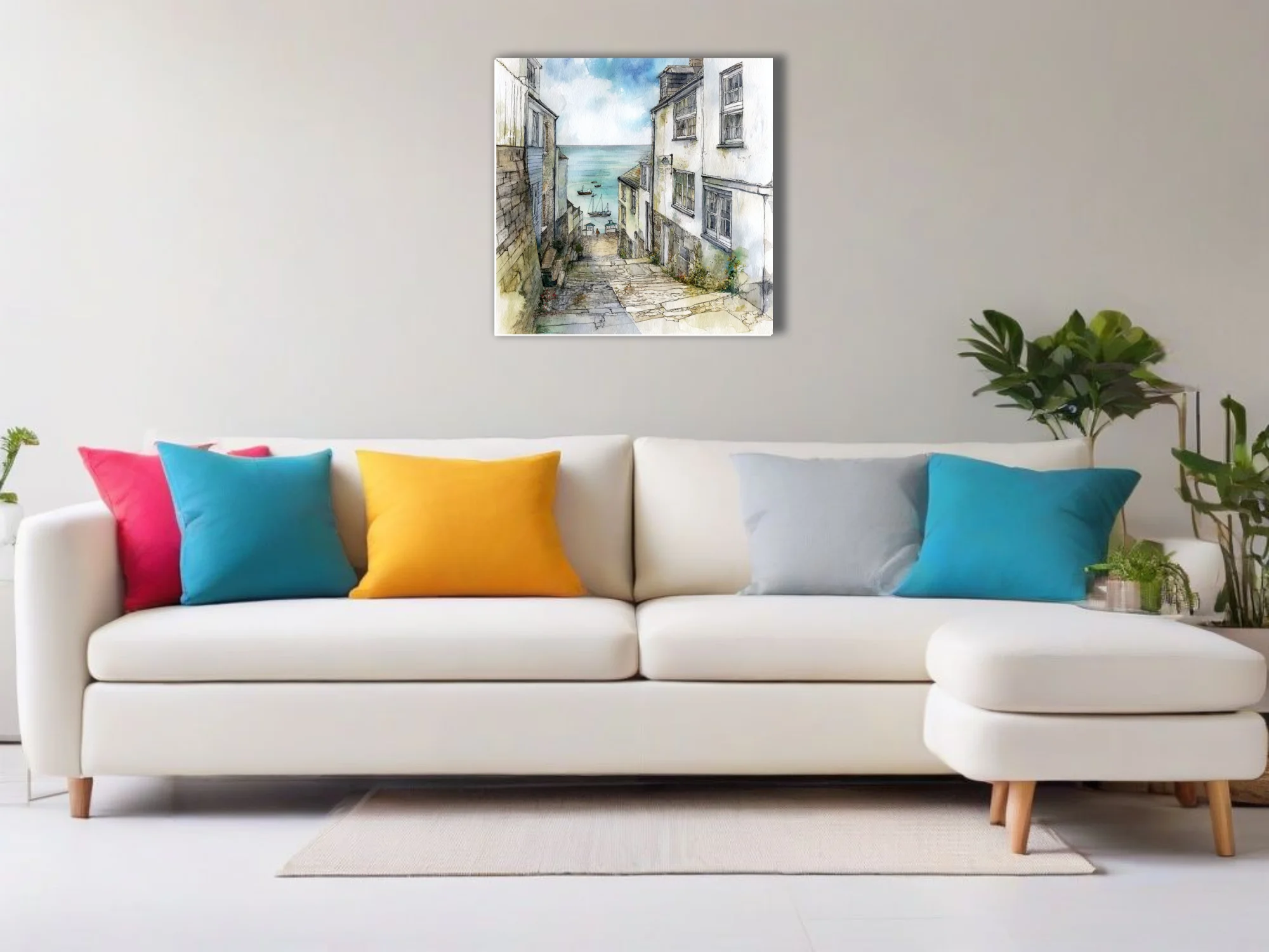 Watercolor-style cobbled lane leading to a tranquil harbour, coastal village, soft blues