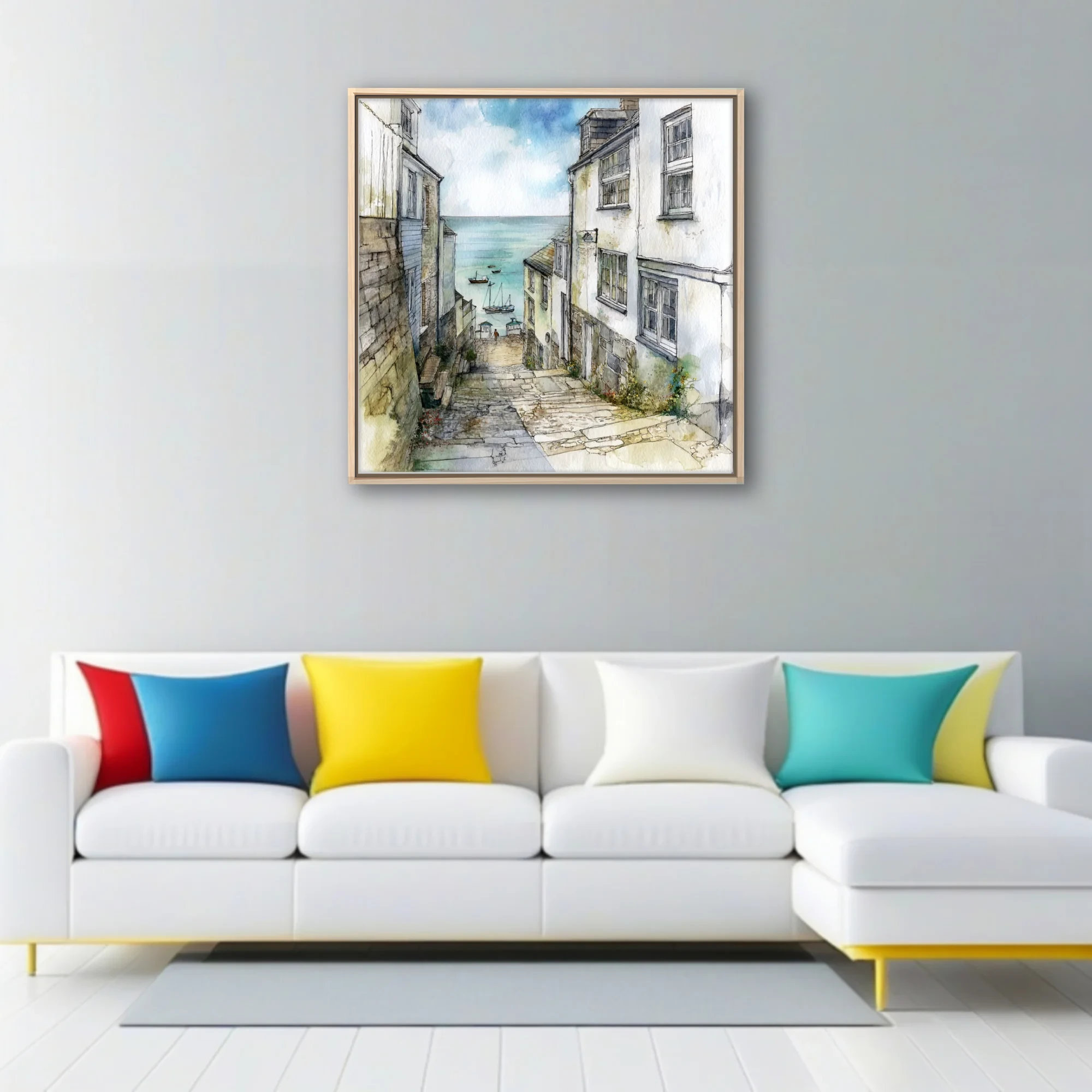 Watercolor-style cobbled lane leading to a tranquil harbour, coastal village, soft blues