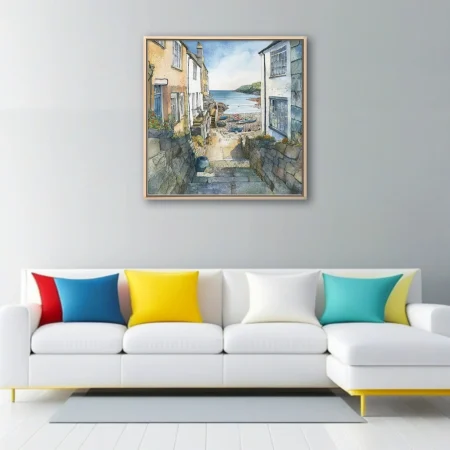 Watercolor-style English coastal village lane leading to a calm pebble cove