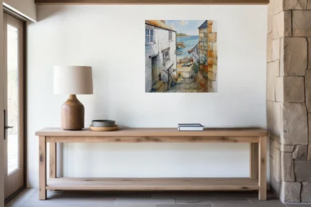 Watercolor-style Cornish harbour village with stone cottages, boats, and calm blue sea