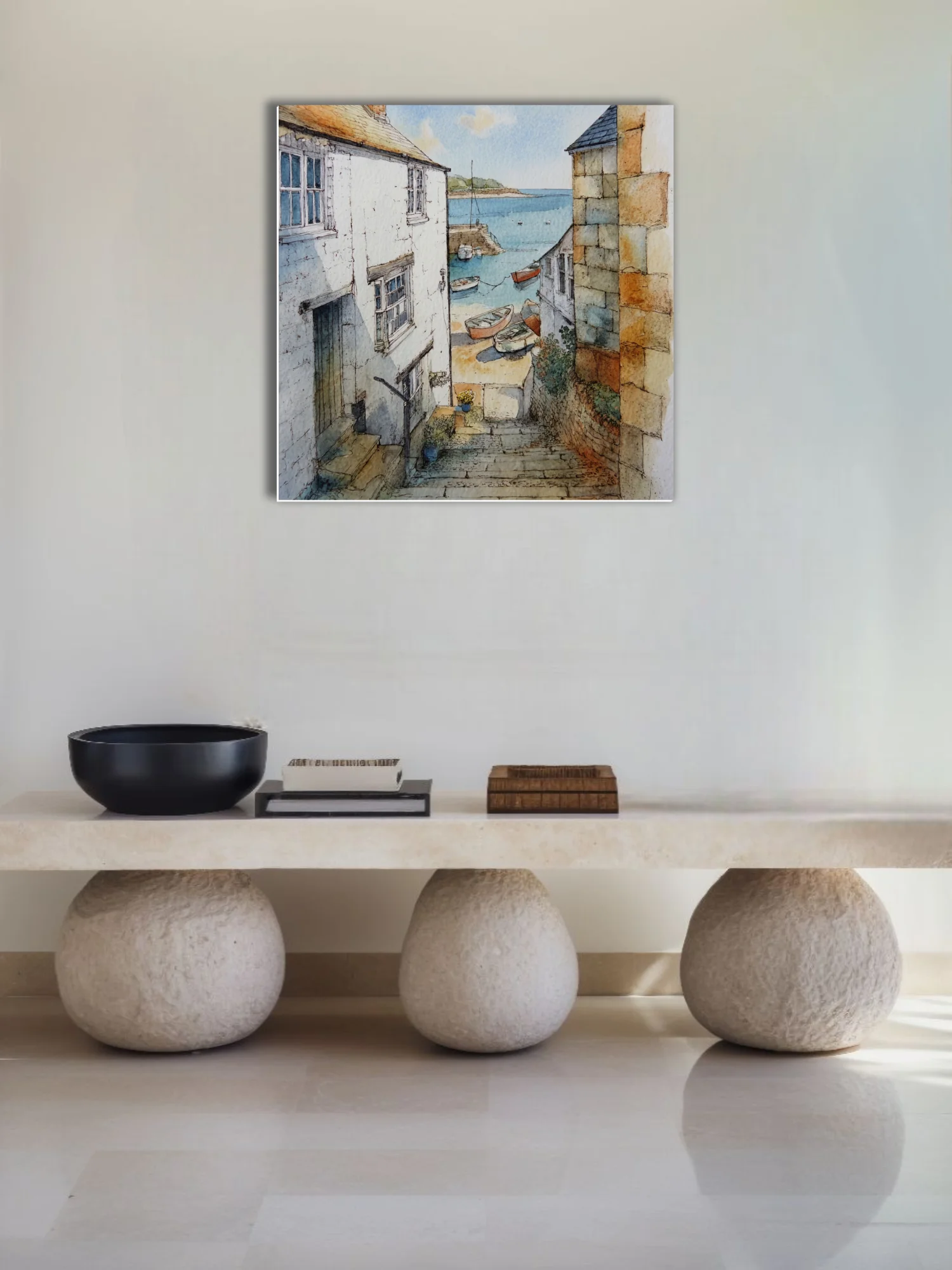 Watercolor-style Cornish harbour village with stone cottages, boats, and calm blue sea