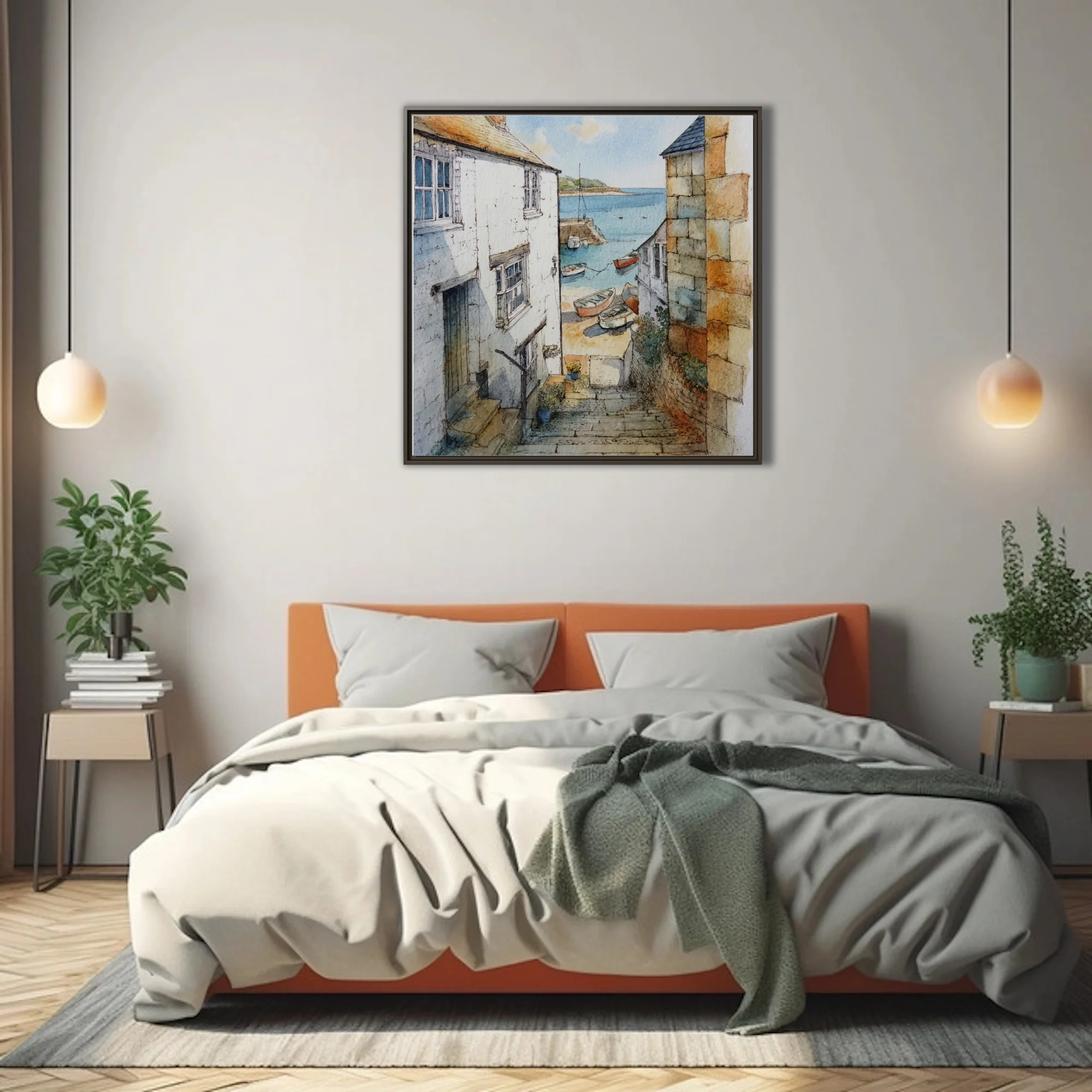 Watercolor-style Cornish harbour village with stone cottages, boats, and calm blue sea