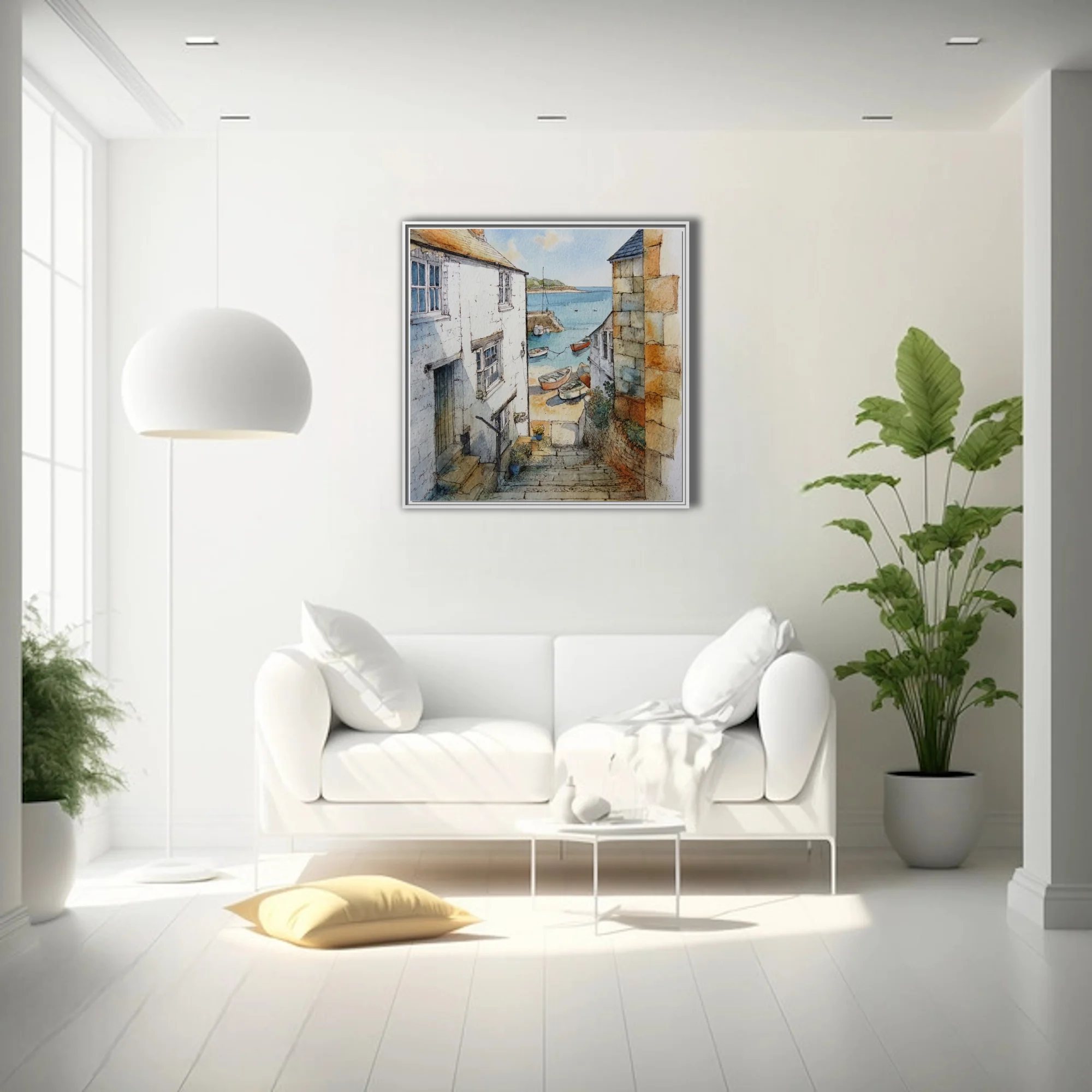 Watercolor-style Cornish harbour village with stone cottages, boats, and calm blue sea