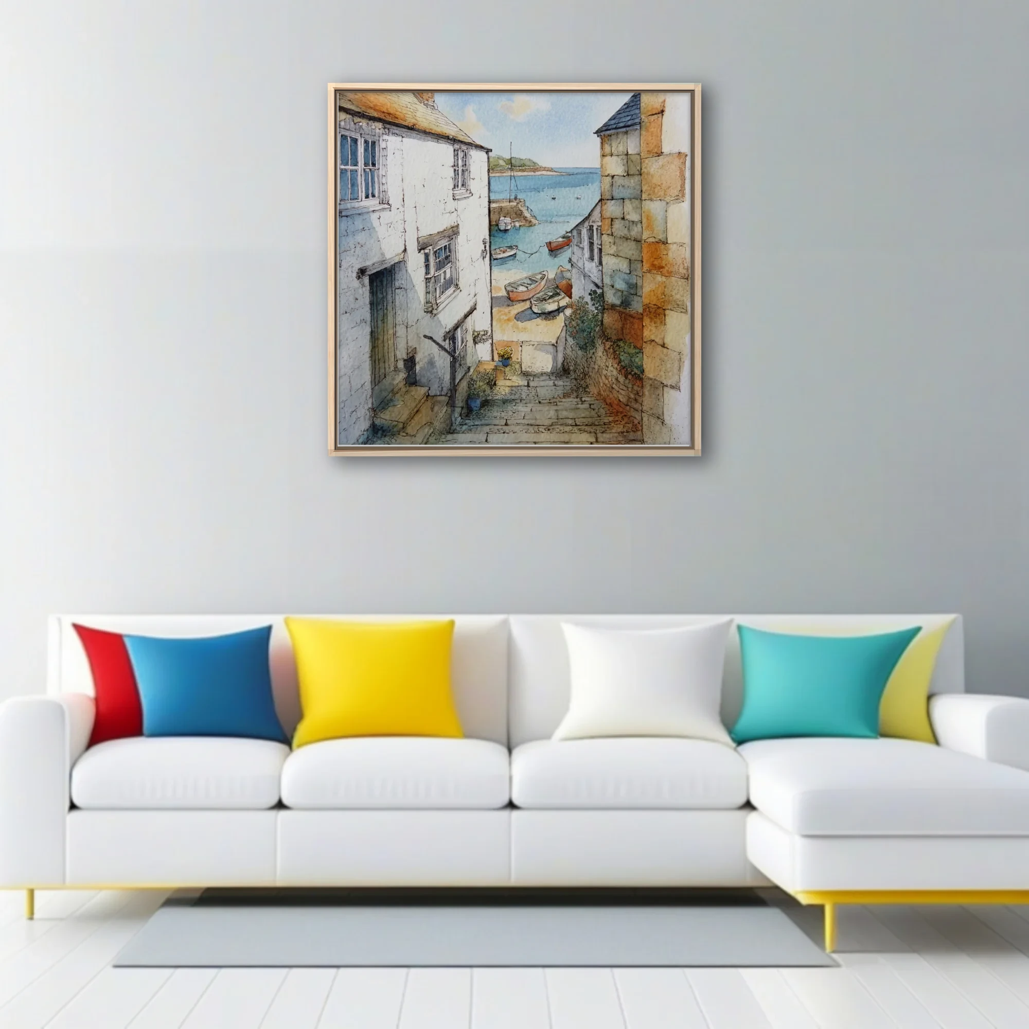 Watercolor-style Cornish harbour village with stone cottages, boats, and calm blue sea