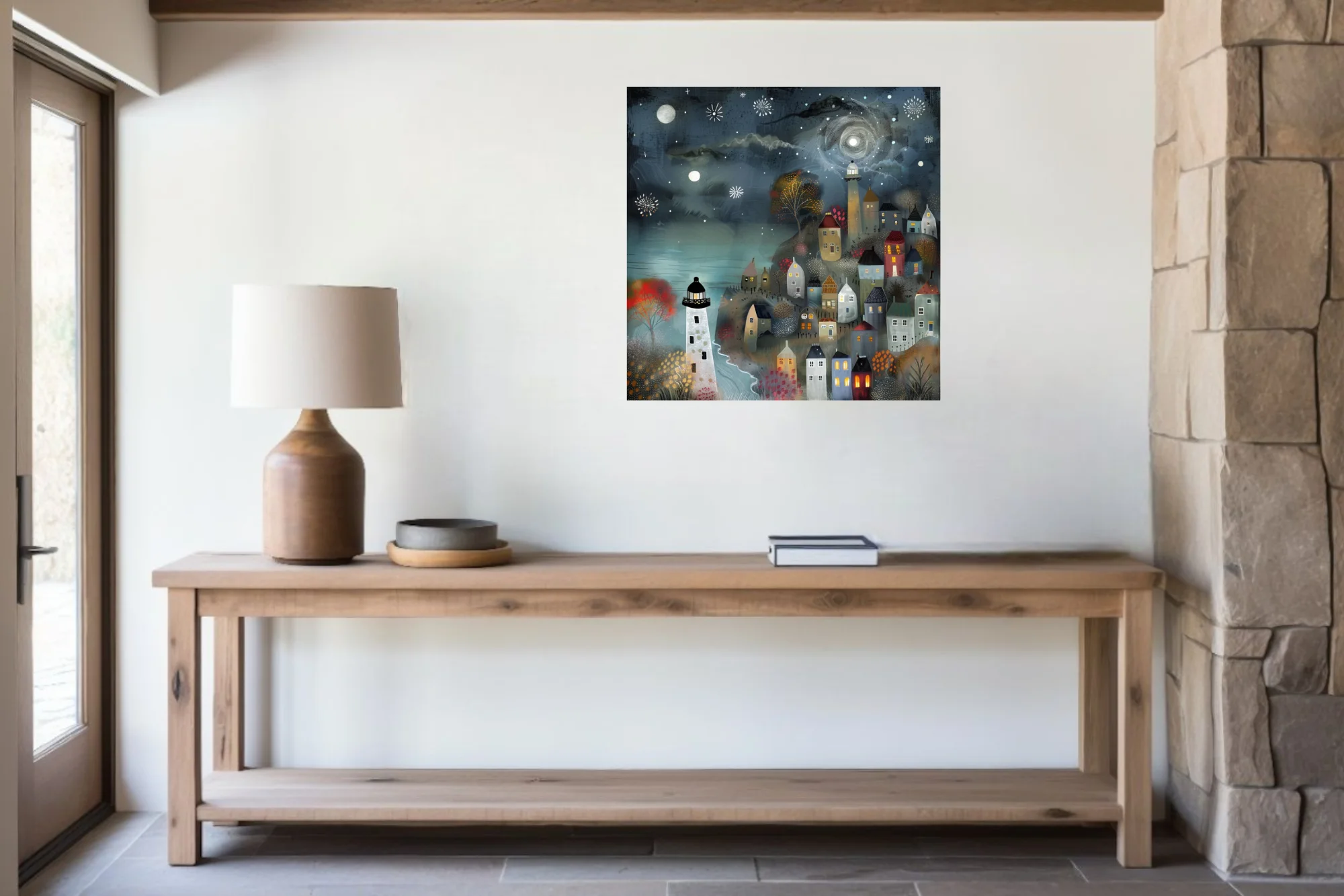 Folk-style illustrated coastal village at night, lighthouse and starry teal sky