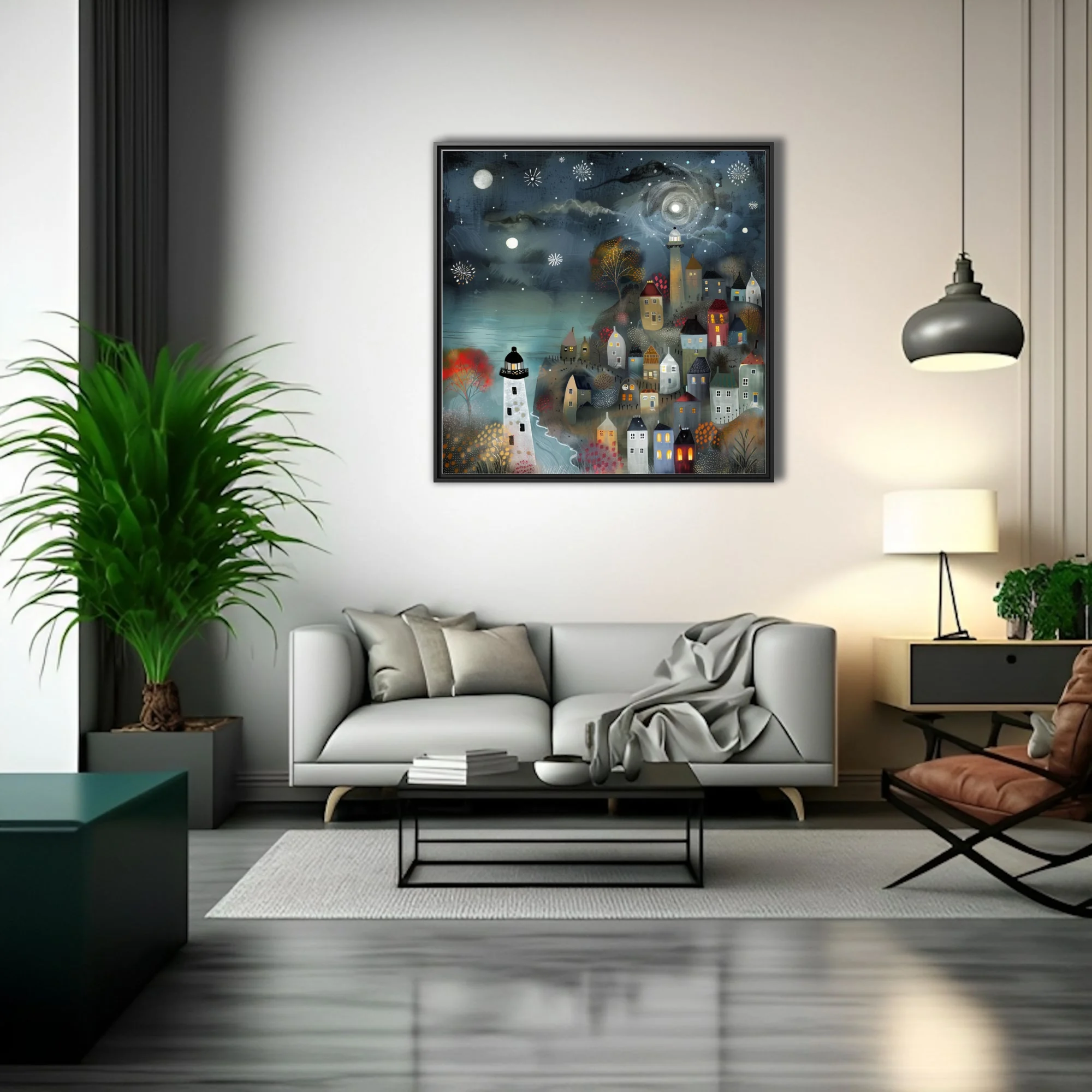 Folk-style illustrated coastal village at night, lighthouse and starry teal sky