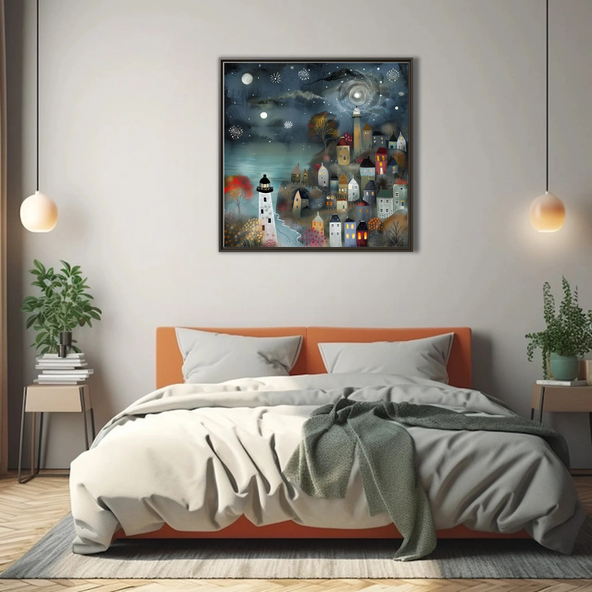 Folk-style illustrated coastal village at night, lighthouse and starry teal sky