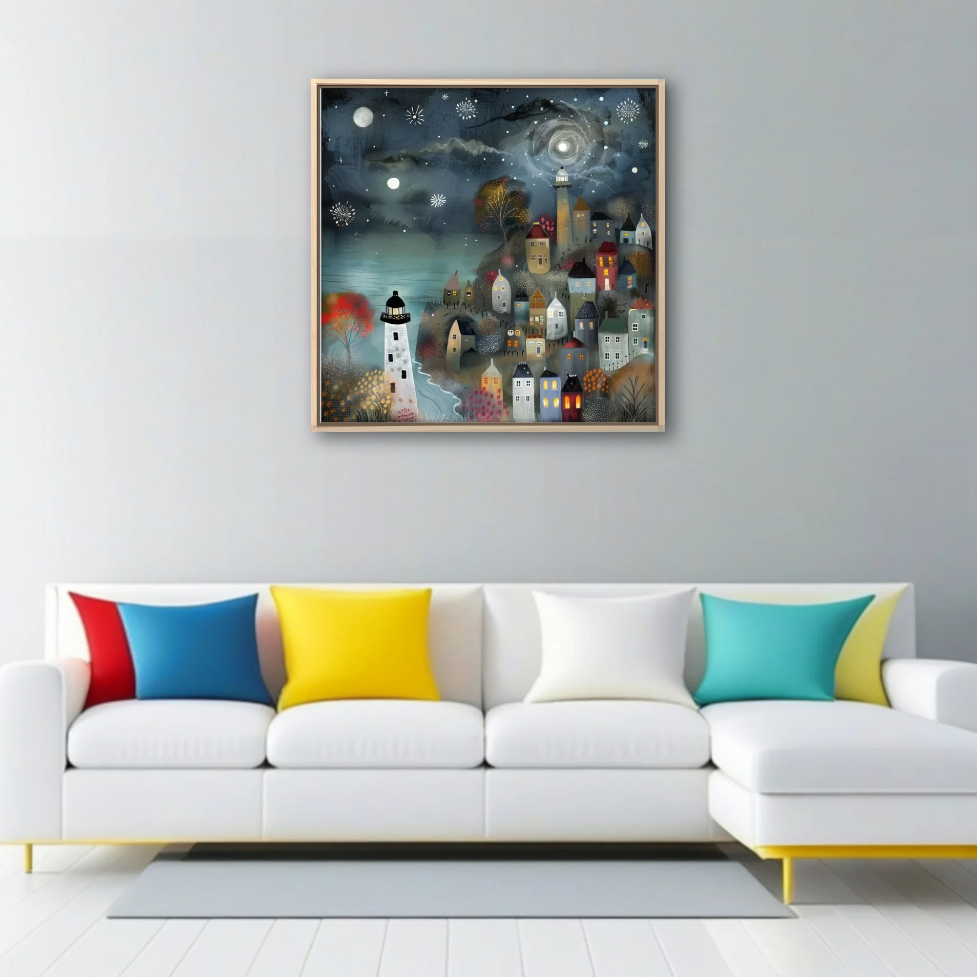 Folk-style illustrated coastal village at night, lighthouse and starry teal sky