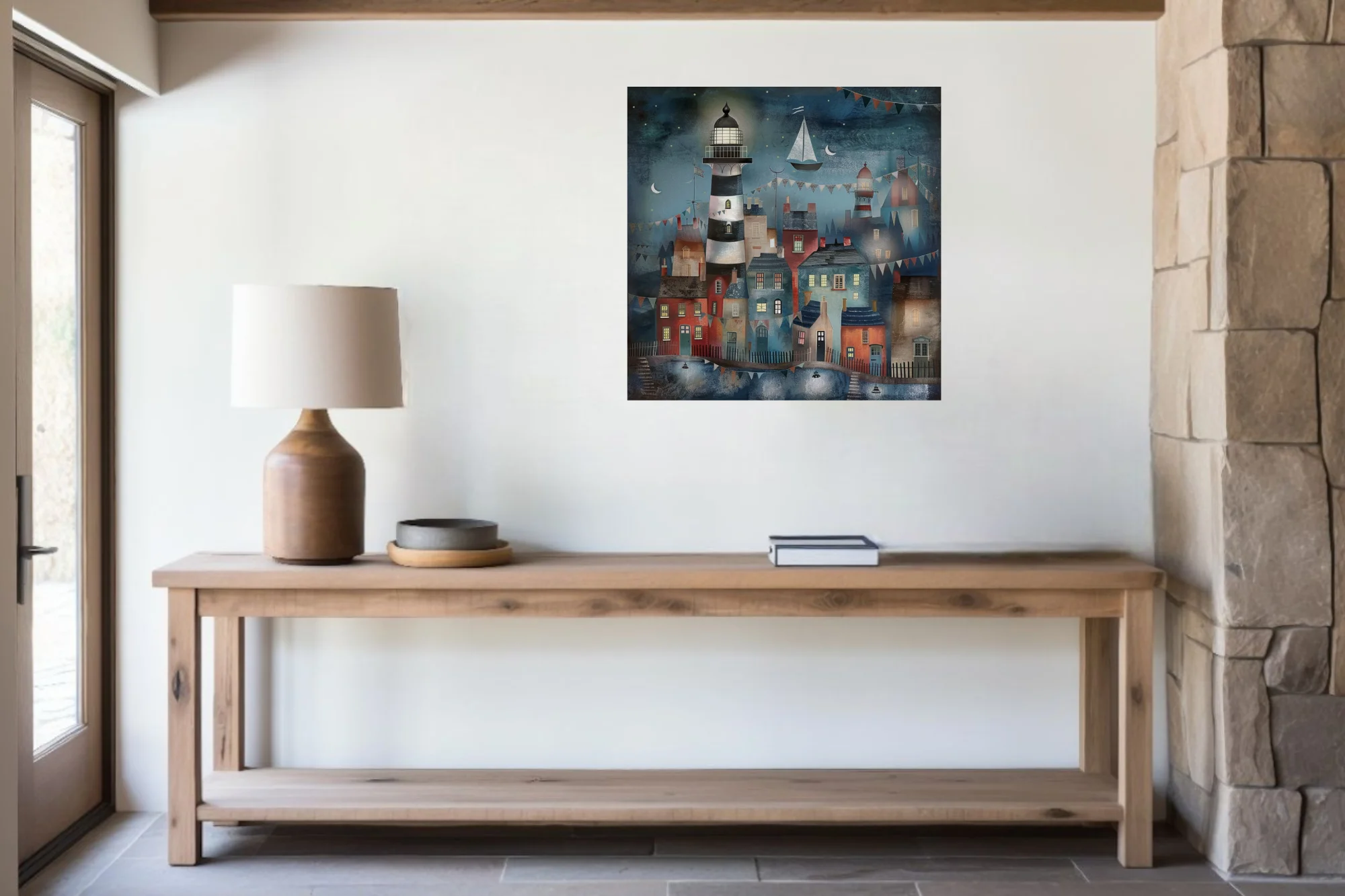 Folk-art coastal village at night, lighthouse and bunting, deep blue and terracotta tones