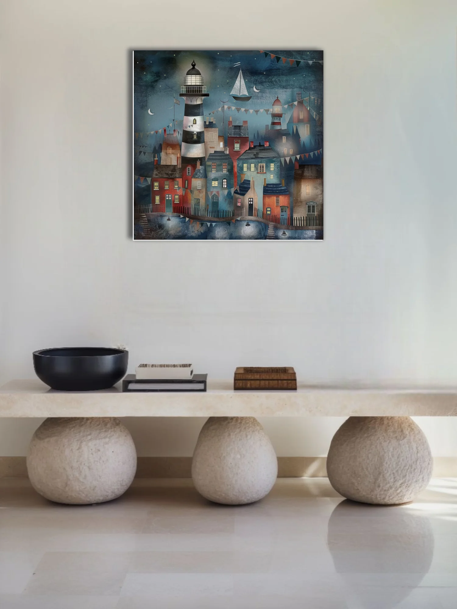 Folk-art coastal village at night, lighthouse and bunting, deep blue and terracotta tones