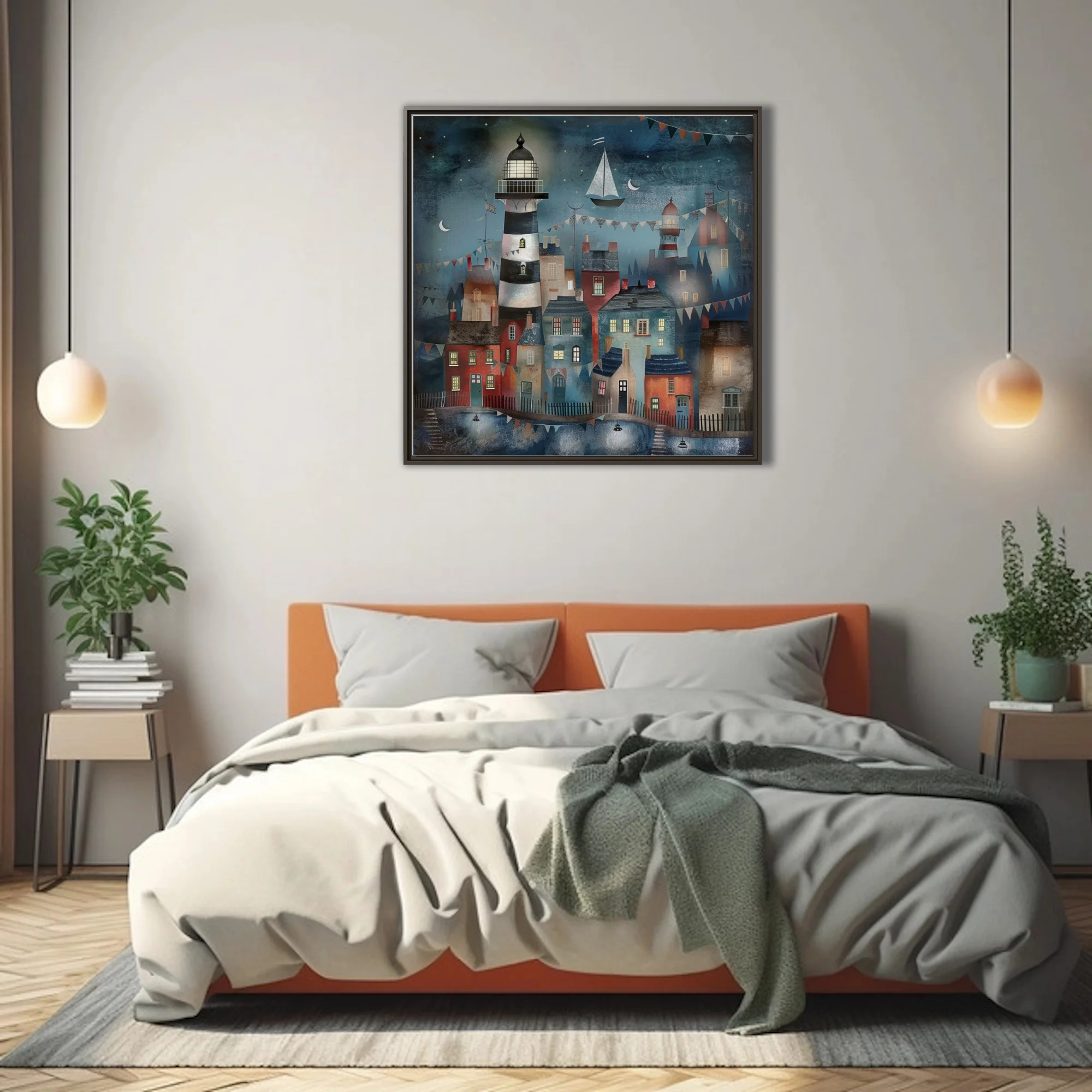 Folk-art coastal village at night, lighthouse and bunting, deep blue and terracotta tones