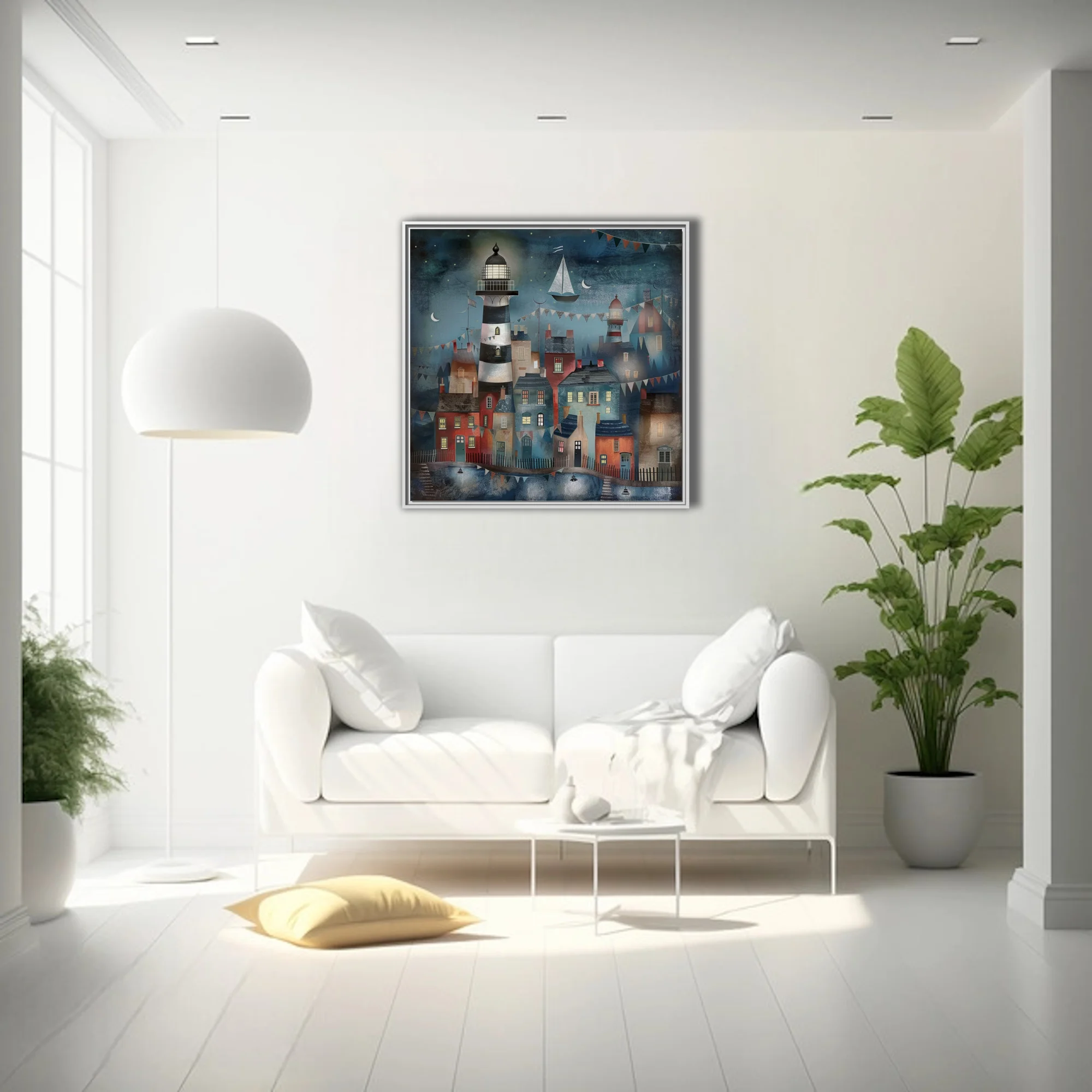 Folk-art coastal village at night, lighthouse and bunting, deep blue and terracotta tones