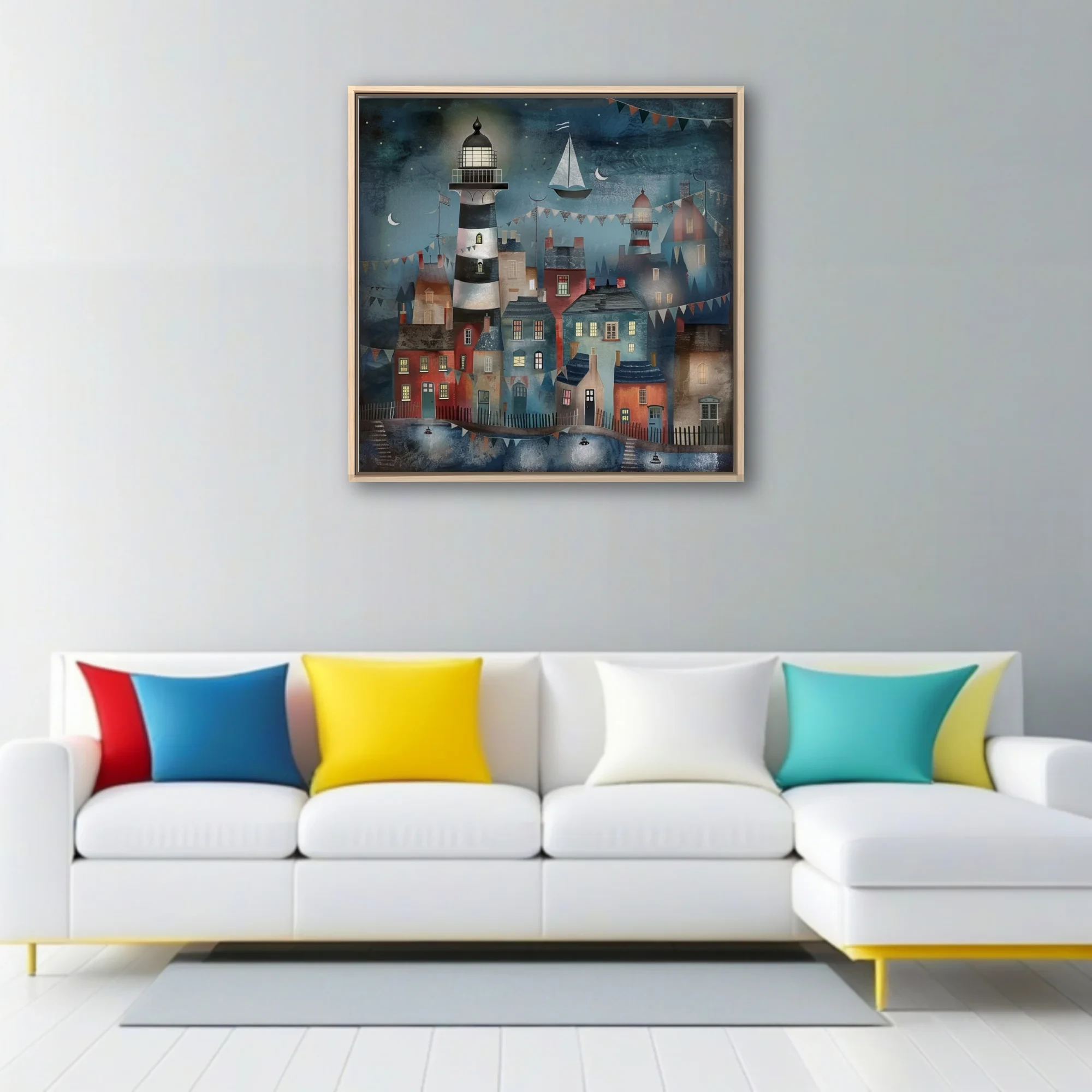 Folk-art coastal village at night, lighthouse and bunting, deep blue and terracotta tones