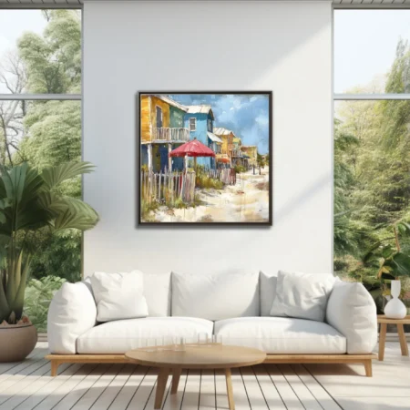 Painterly coastal village scene with colorful beach cottages, sandy lane and bright umbrella under blue sky