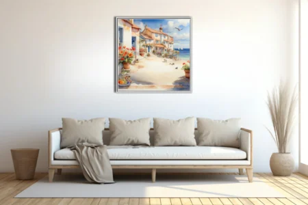 Watercolor-style Mediterranean seaside village with terracotta roofs, red florals, and sailing boats