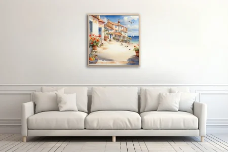 Watercolor-style Mediterranean seaside village with terracotta roofs, red florals, and sailing boats