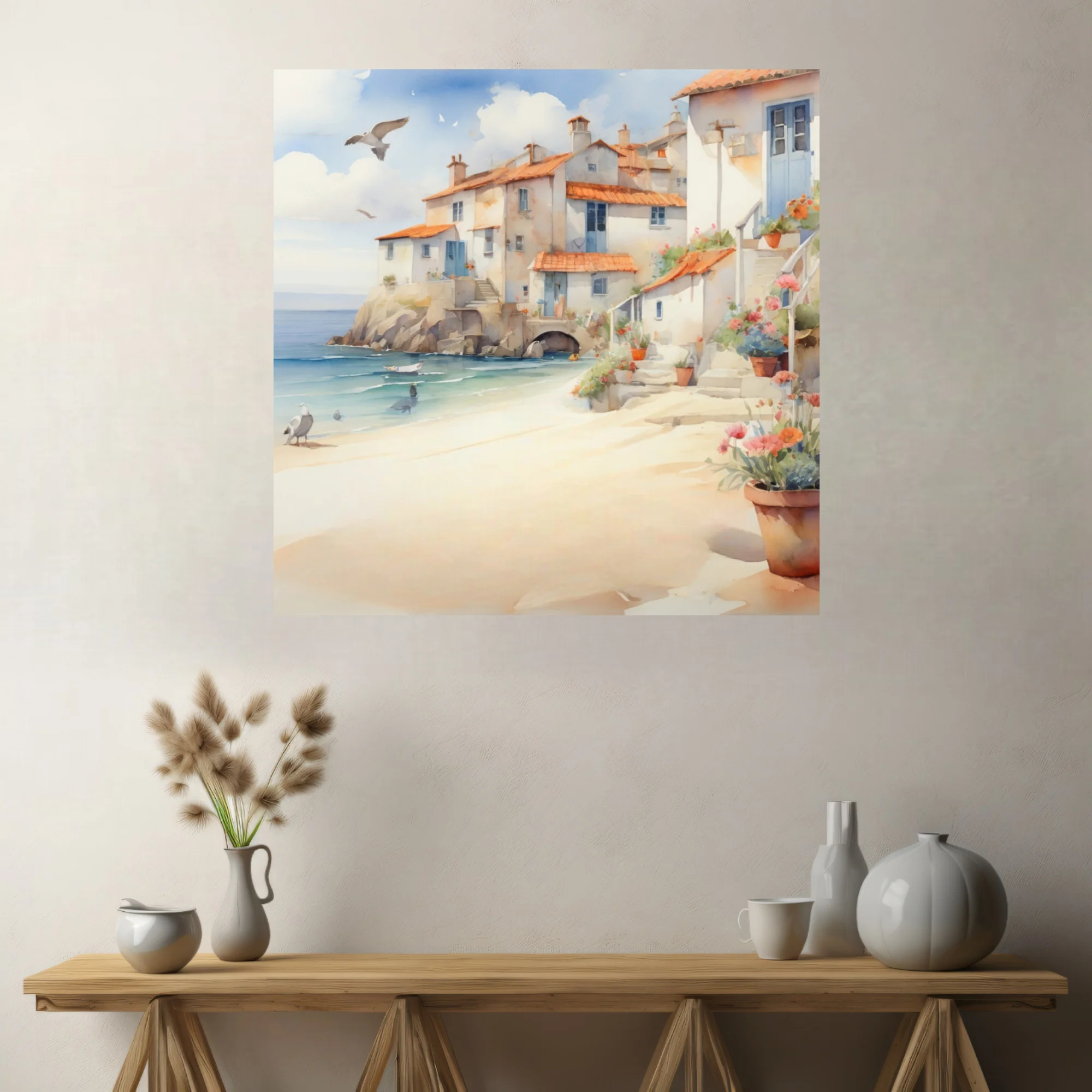 Watercolor-style Mediterranean sea village with terracotta roofs, sandy beach, and flowering pots