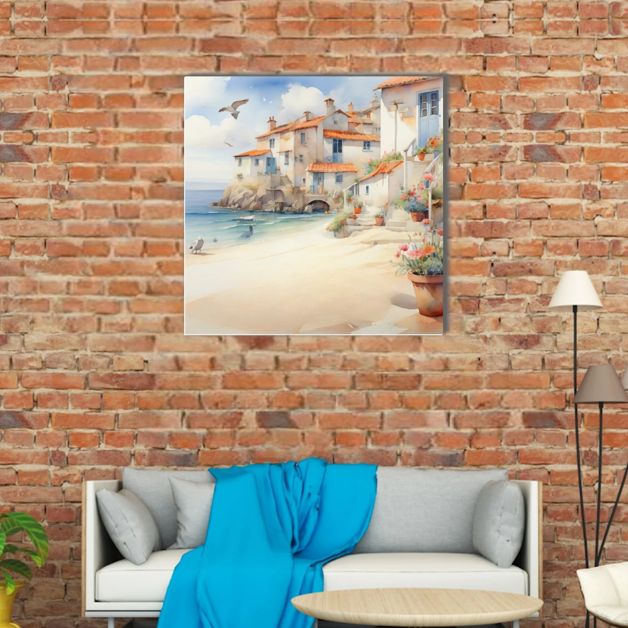 Watercolor-style Mediterranean sea village with terracotta roofs, sandy beach, and flowering pots