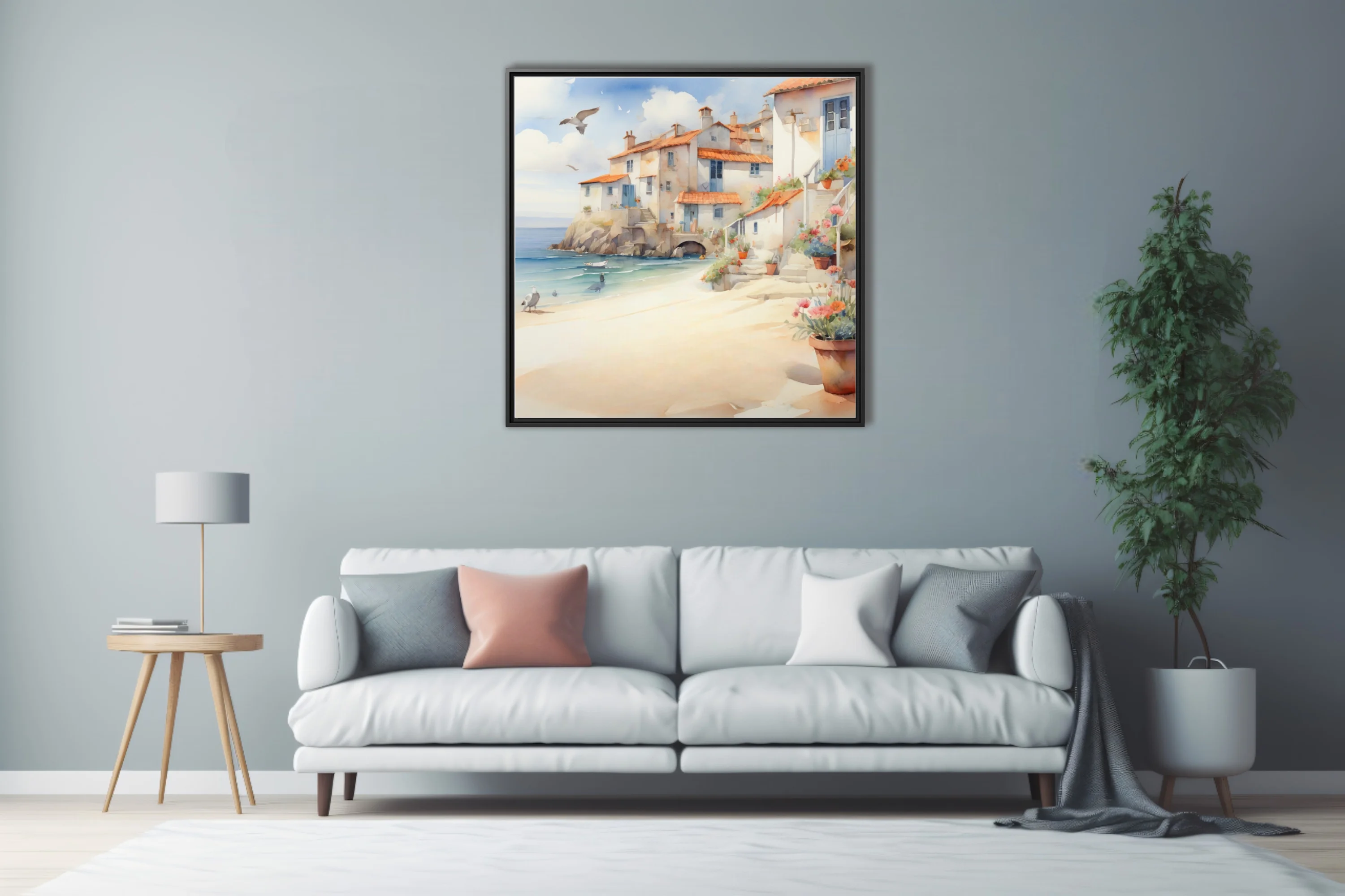 Watercolor-style Mediterranean sea village with terracotta roofs, sandy beach, and flowering pots