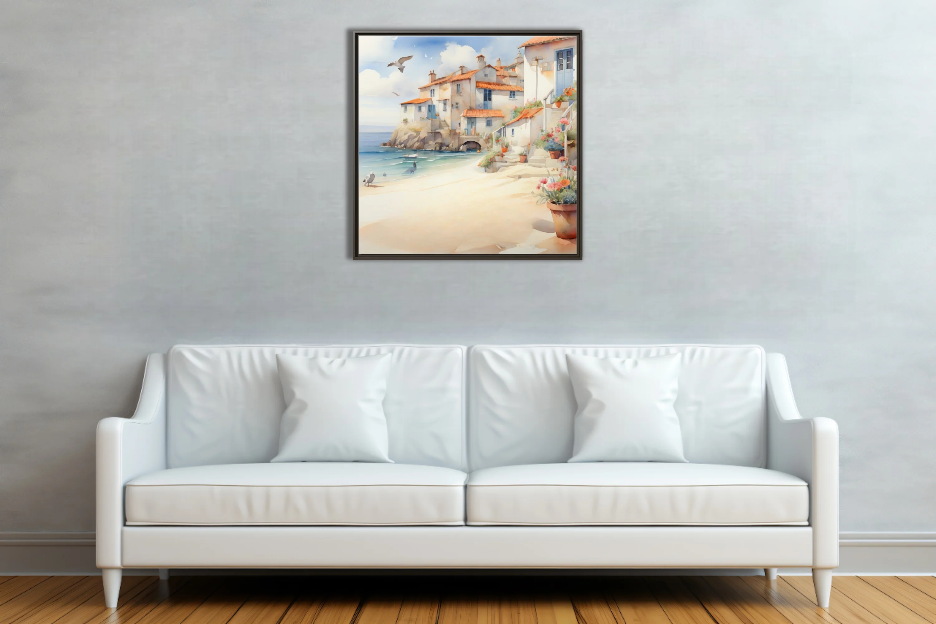Watercolor-style Mediterranean sea village with terracotta roofs, sandy beach, and flowering pots