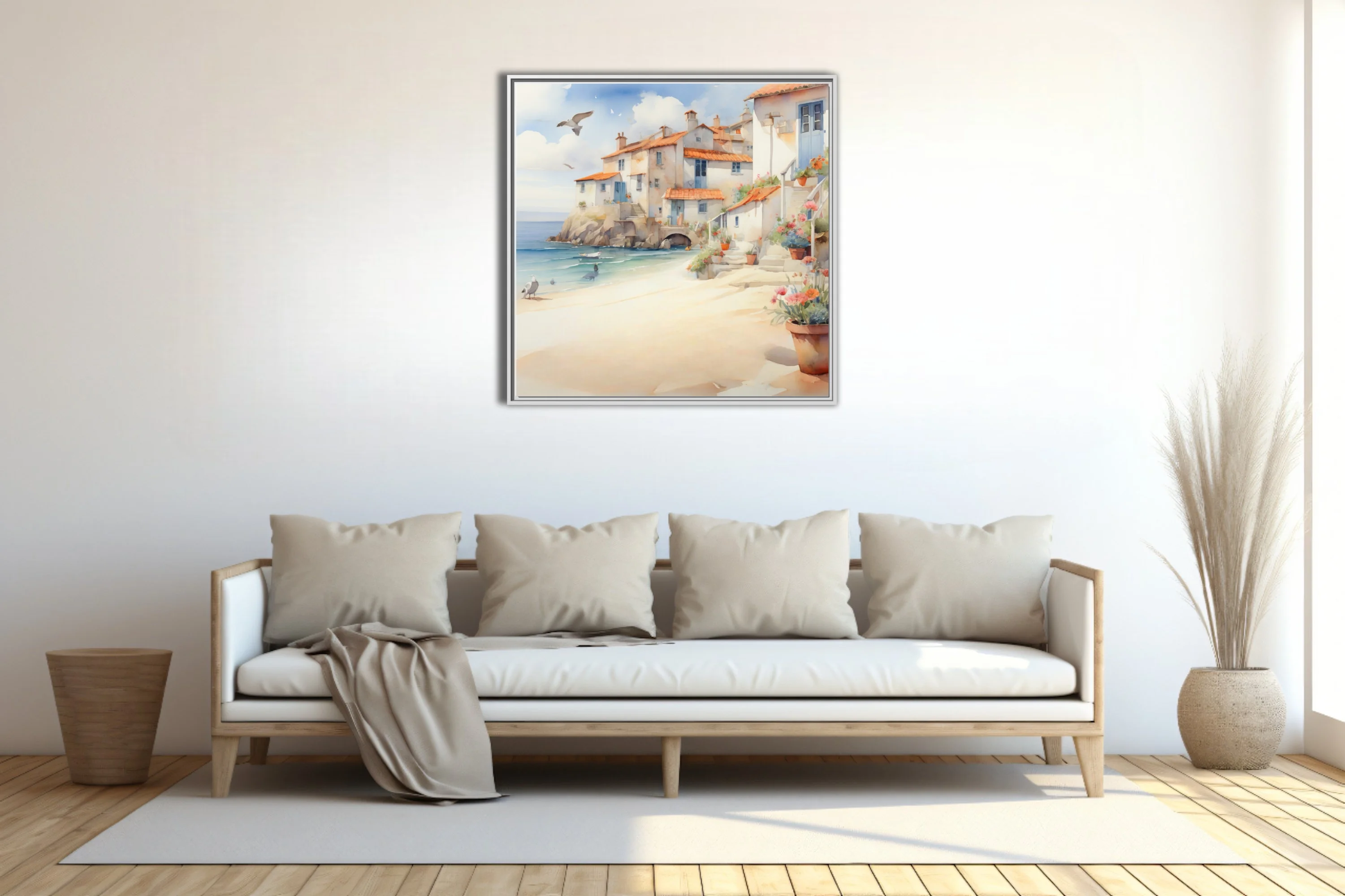 Watercolor-style Mediterranean sea village with terracotta roofs, sandy beach, and flowering pots