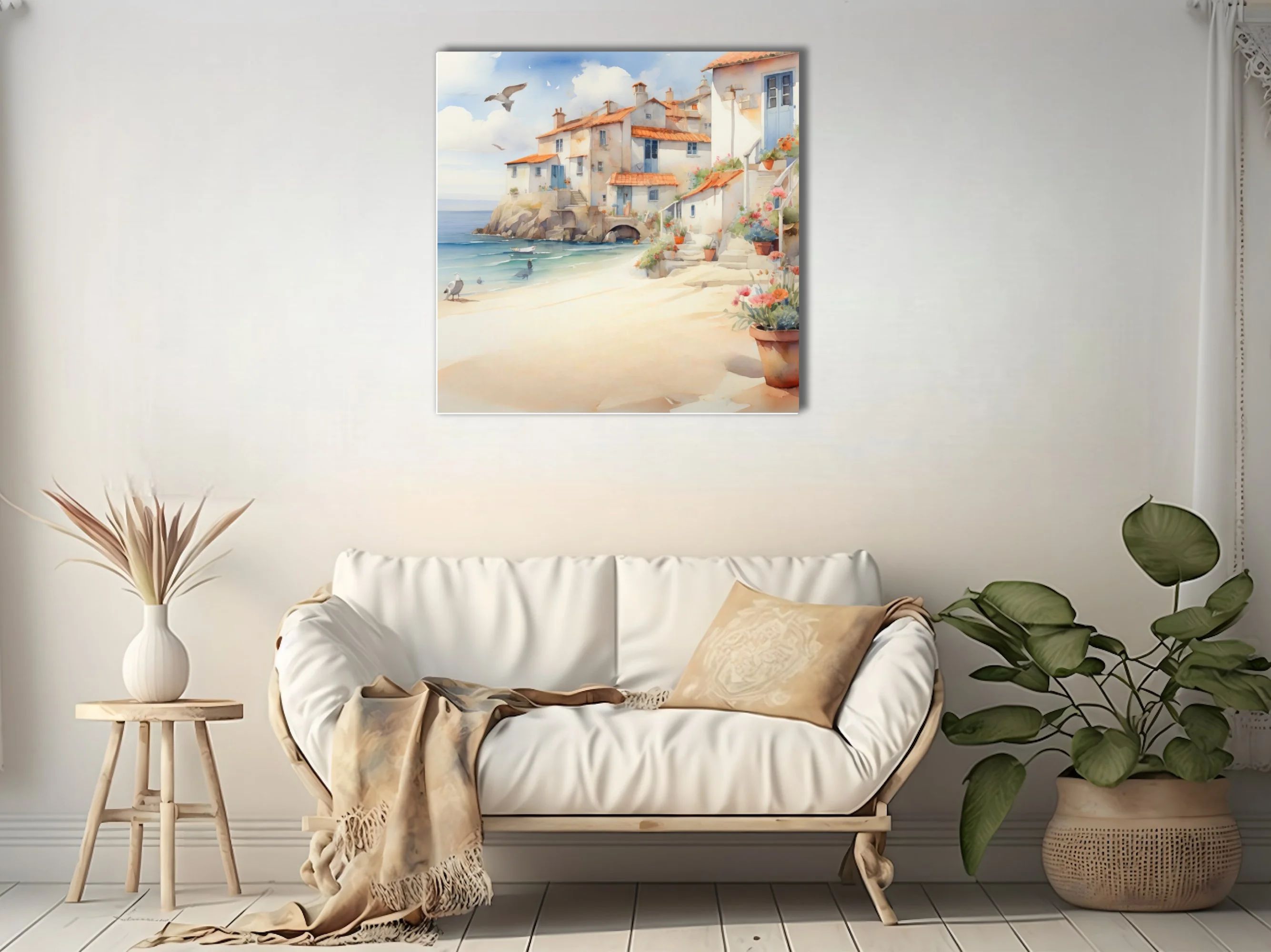 Watercolor-style Mediterranean sea village with terracotta roofs, sandy beach, and flowering pots
