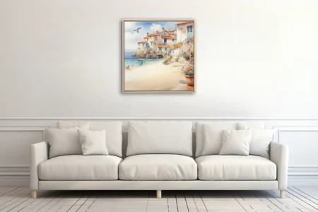 Watercolor-style Mediterranean sea village with terracotta roofs, sandy beach, and flowering pots