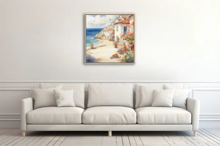 Watercolor-style Mediterranean sea village, terracotta roofs, red geraniums, blue ocean