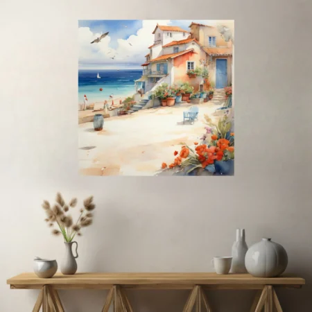 Watercolor-style Mediterranean village by the sea with terracotta roofs, geraniums, and sailboat