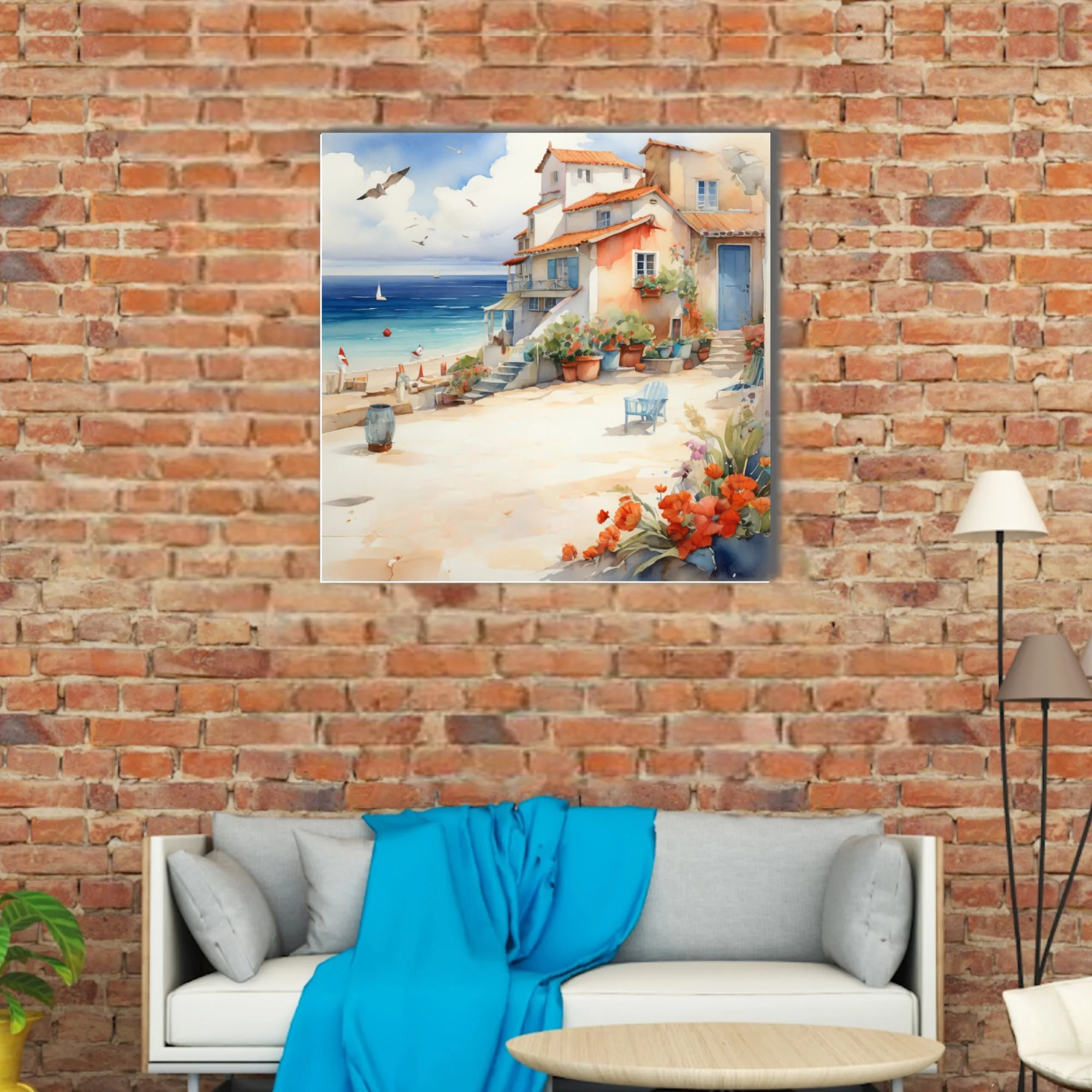 Watercolor-style Mediterranean village by the sea with terracotta roofs, geraniums, and sailboat