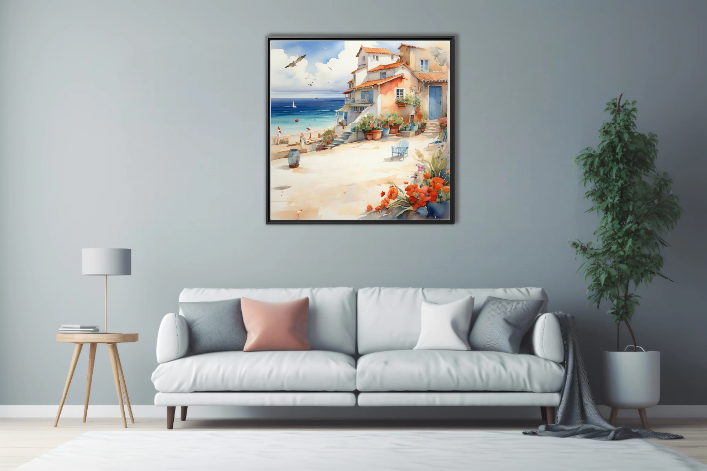 Watercolor-style Mediterranean village by the sea with terracotta roofs, geraniums, and sailboat