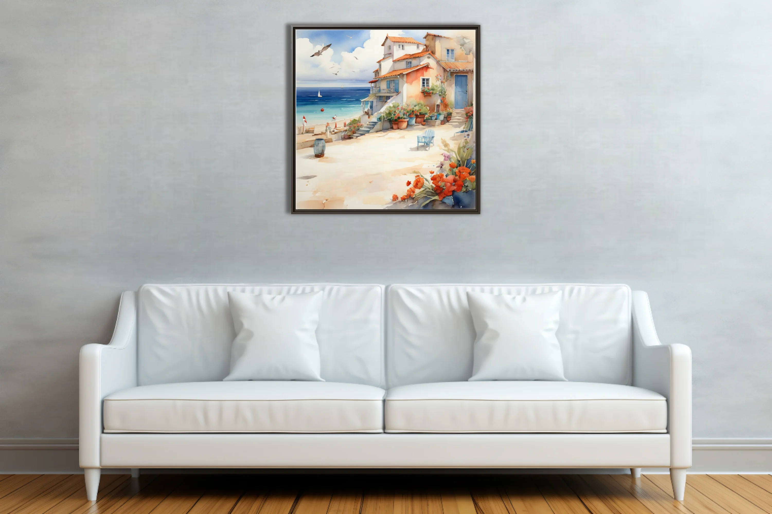 Watercolor-style Mediterranean village by the sea with terracotta roofs, geraniums, and sailboat