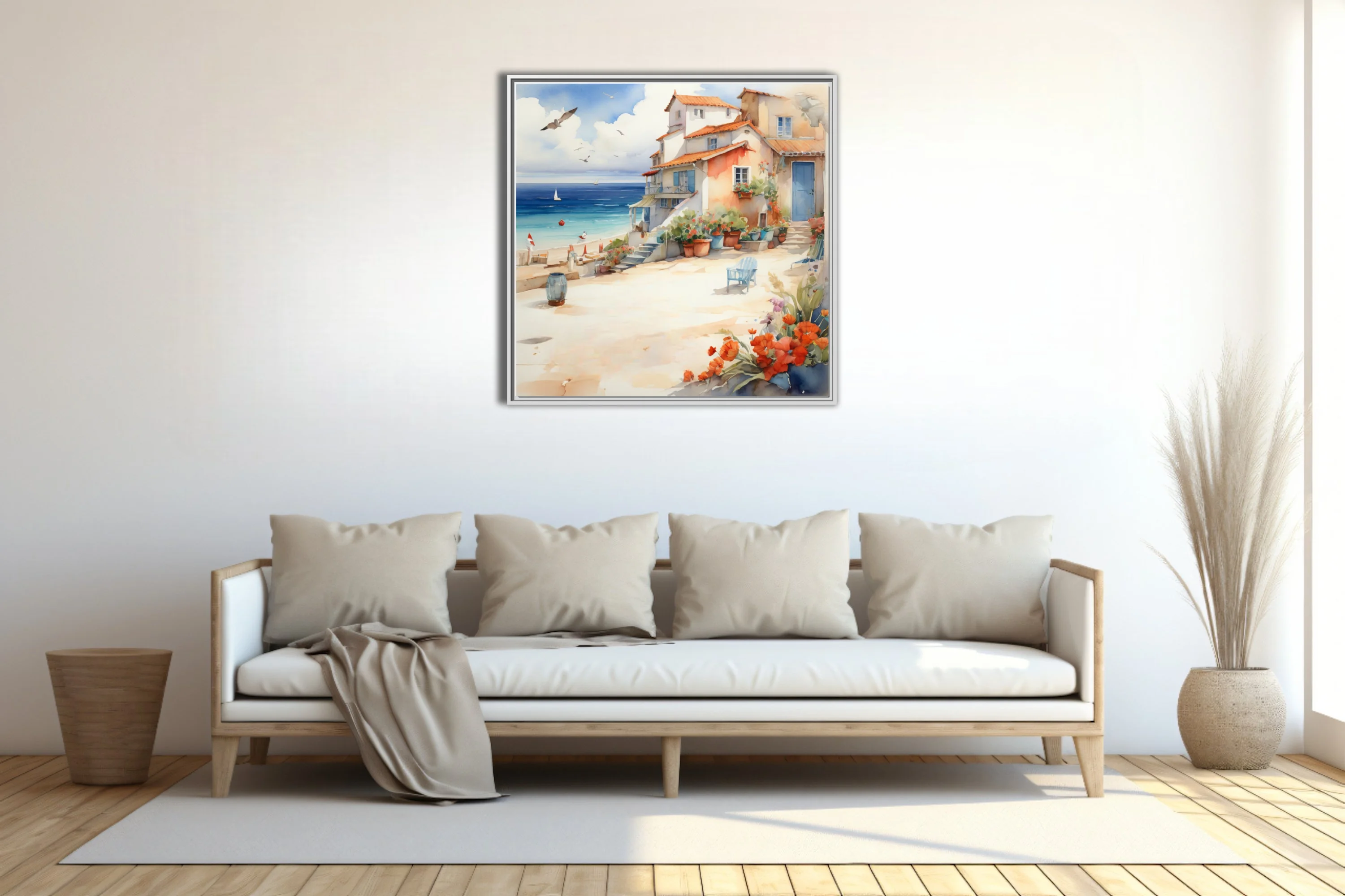 Watercolor-style Mediterranean village by the sea with terracotta roofs, geraniums, and sailboat