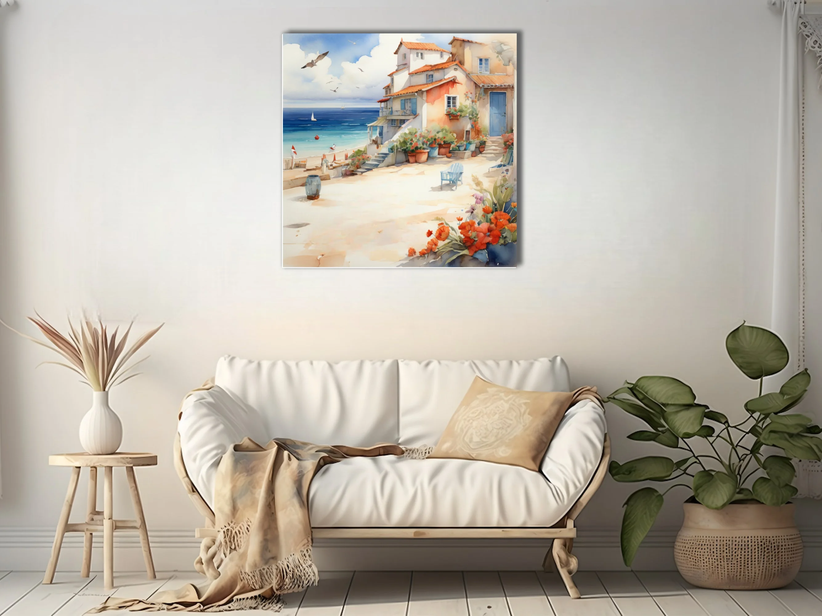 Watercolor-style Mediterranean village by the sea with terracotta roofs, geraniums, and sailboat