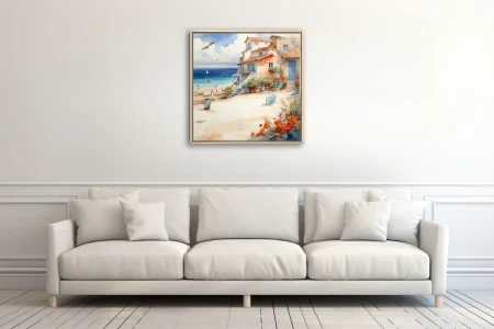 Watercolor-style Mediterranean village by the sea with terracotta roofs, geraniums, and sailboat
