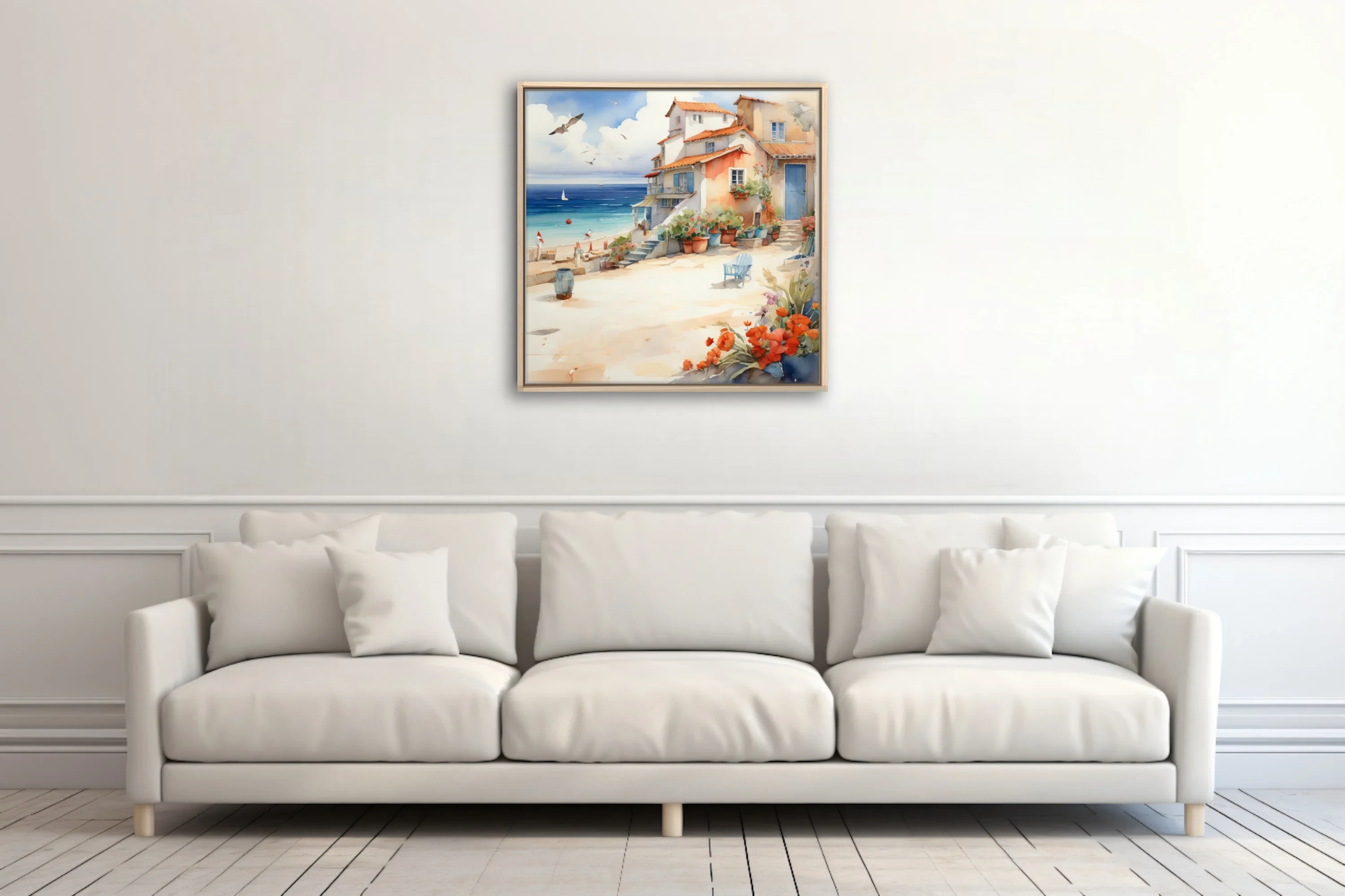 Watercolor-style Mediterranean village by the sea with terracotta roofs, geraniums, and sailboat