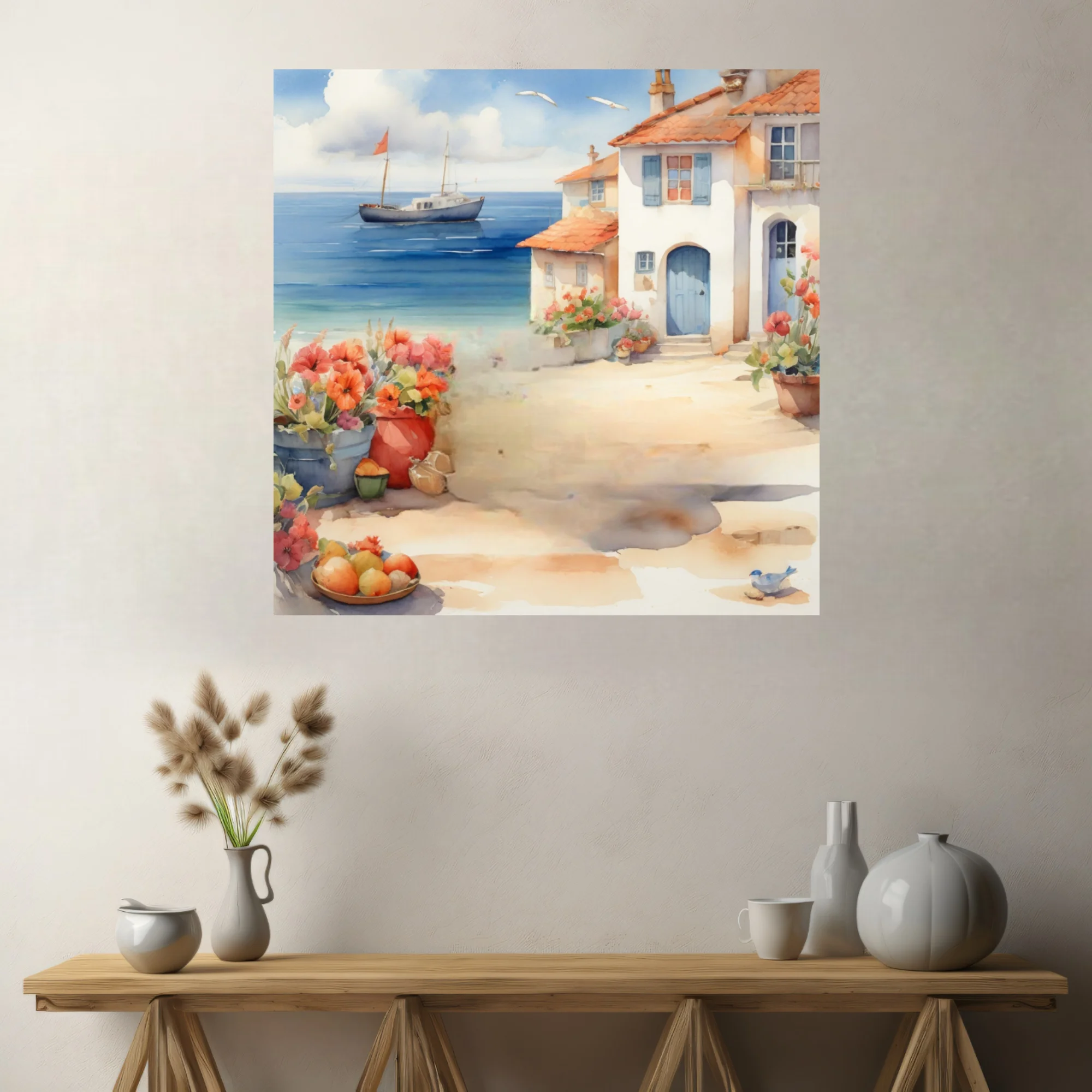 Watercolor-style Mediterranean coastal village with sailboat, terracotta roofs, and blooming flowers