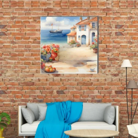 Watercolor-style Mediterranean coastal village with sailboat, terracotta roofs, and blooming flowers