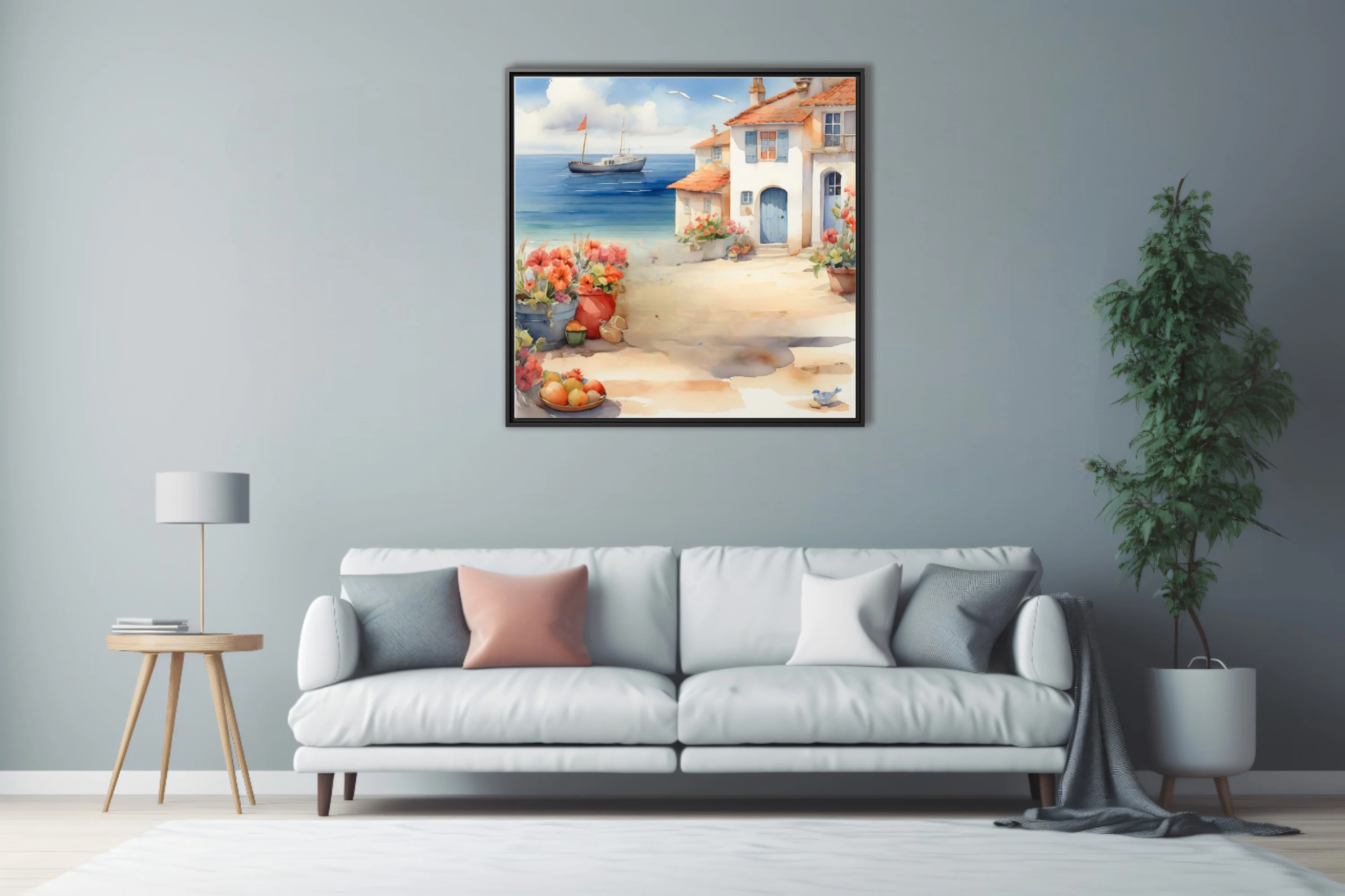 Watercolor-style Mediterranean coastal village with sailboat, terracotta roofs, and blooming flowers