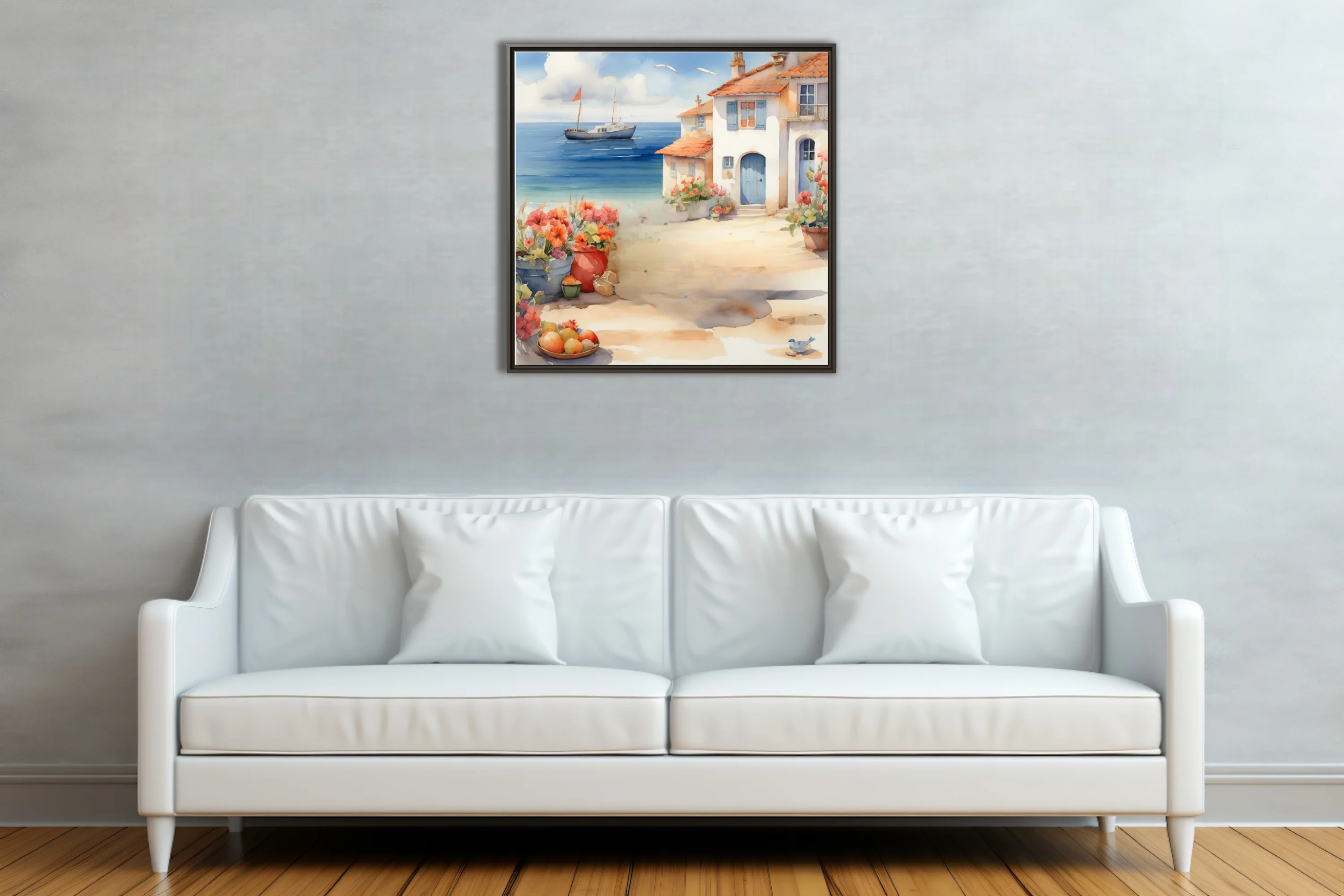 Watercolor-style Mediterranean coastal village with sailboat, terracotta roofs, and blooming flowers