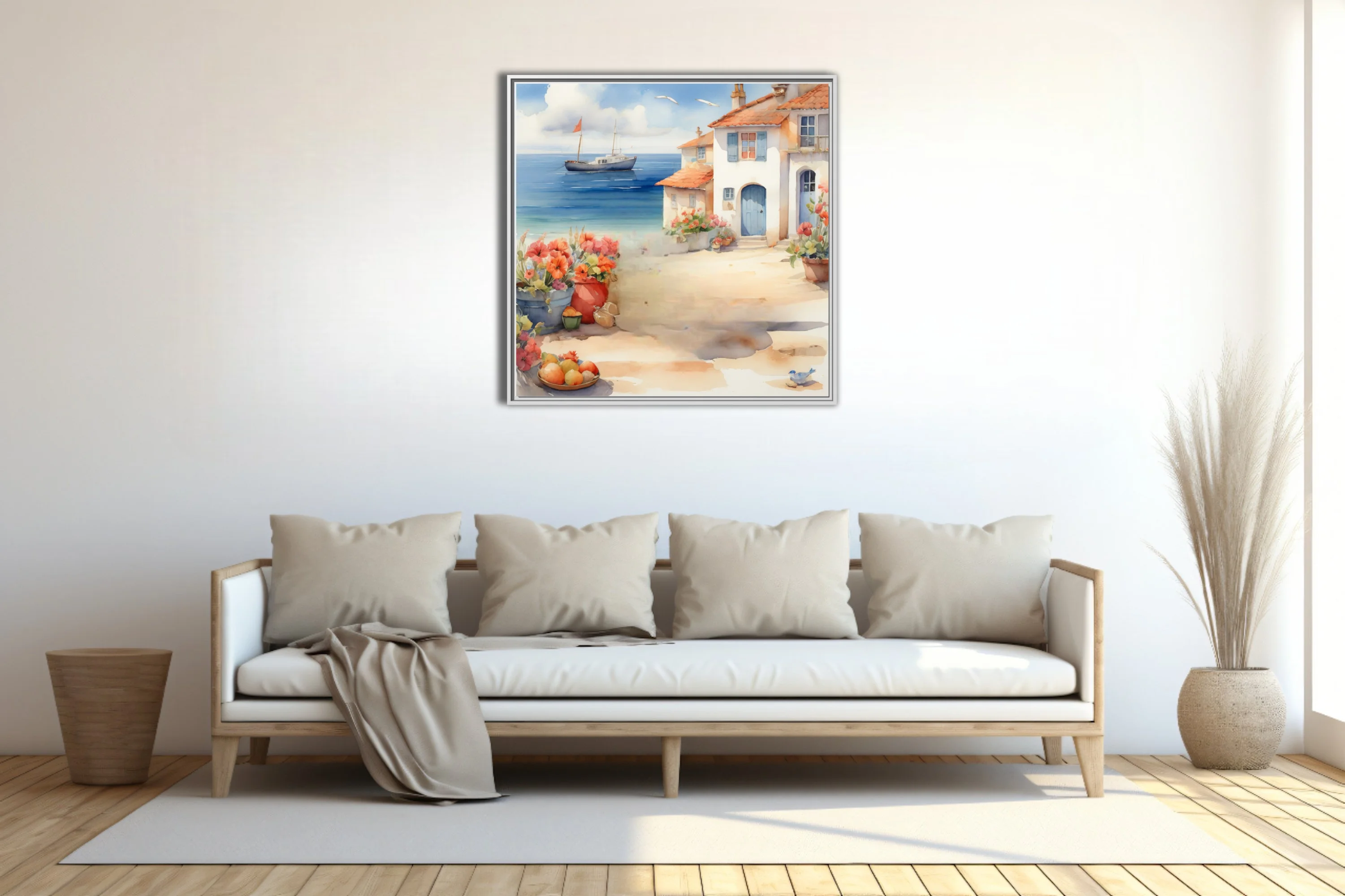 Watercolor-style Mediterranean coastal village with sailboat, terracotta roofs, and blooming flowers