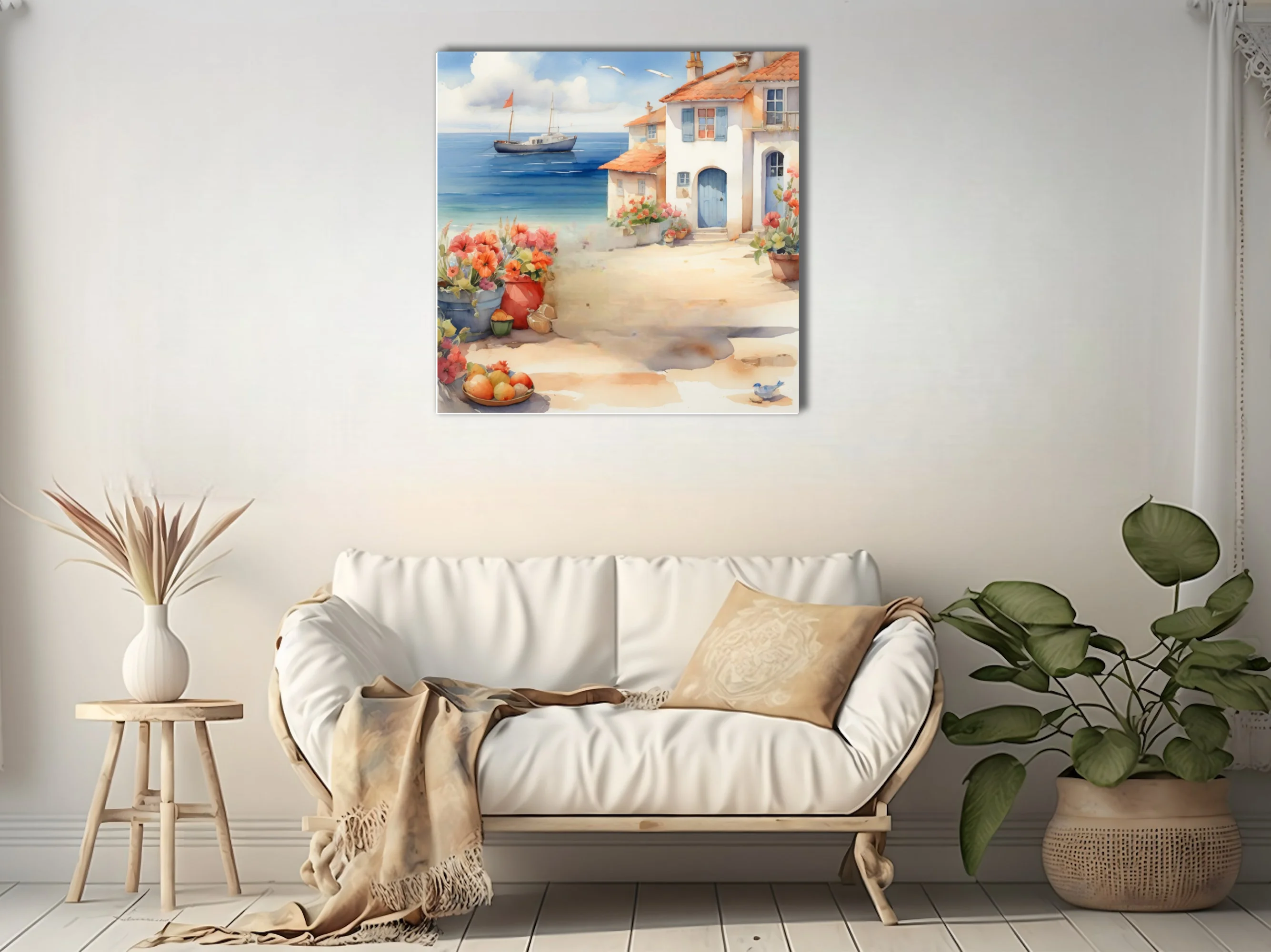 Watercolor-style Mediterranean coastal village with sailboat, terracotta roofs, and blooming flowers