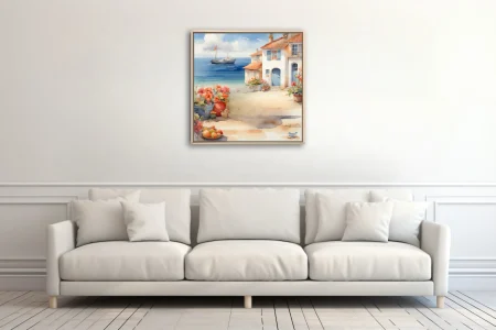 Watercolor-style Mediterranean coastal village with sailboat, terracotta roofs, and blooming flowers
